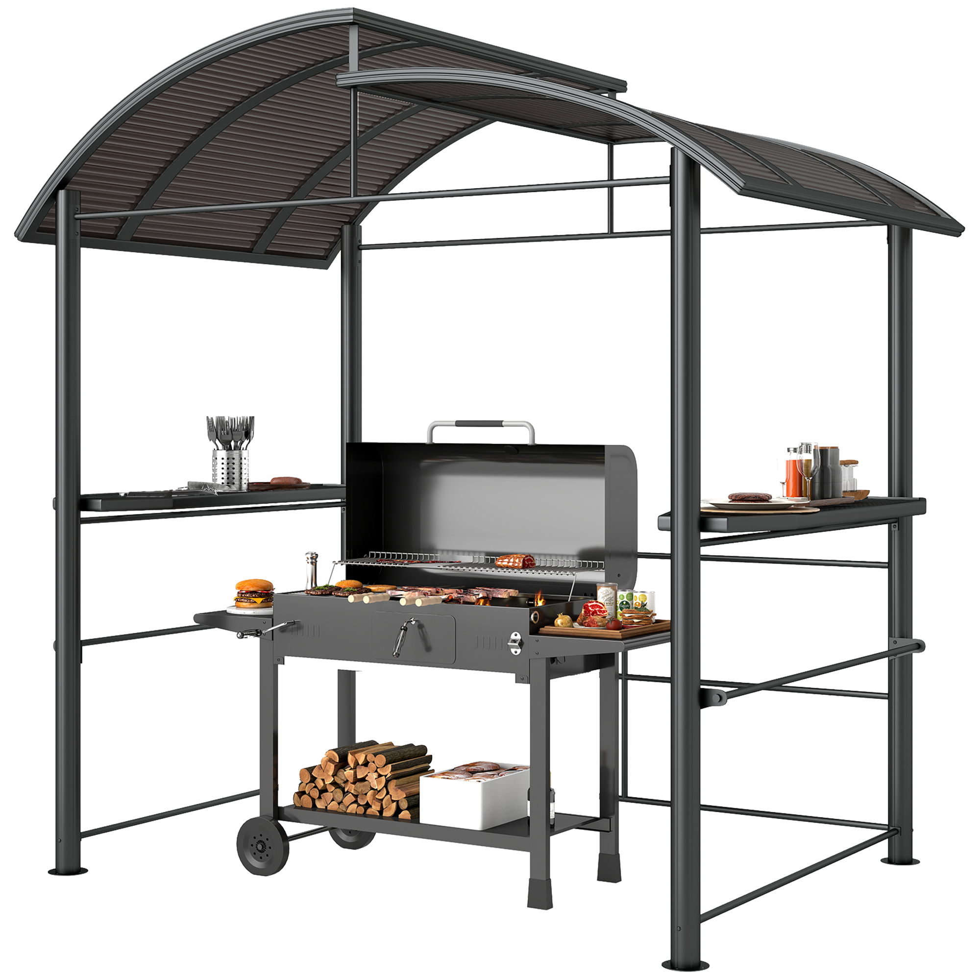 Outsunny Grillpavillon  Grilldach Grilldach, wetterbeständig, 240 cm x 150 cm x 230 cm, Gelbbraun + Dunkelbraun