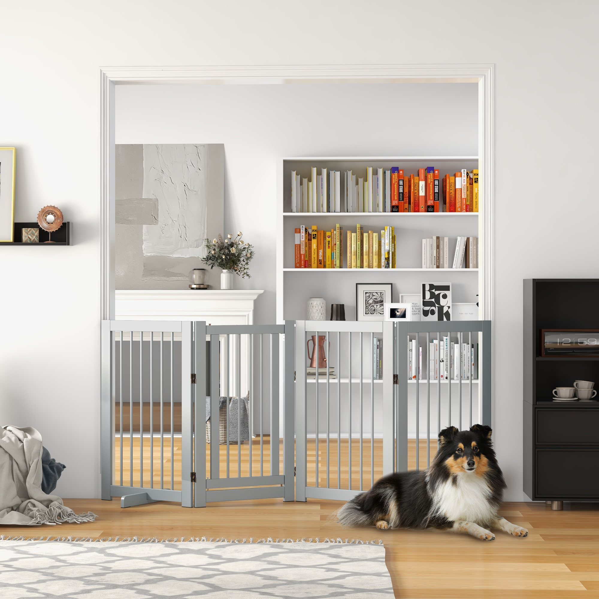 PawHut Hunde-Absperrgitter, freistehend, klappbar, Tür & Füße, Holzrahmen, 220x36x91cm, Hellgrau