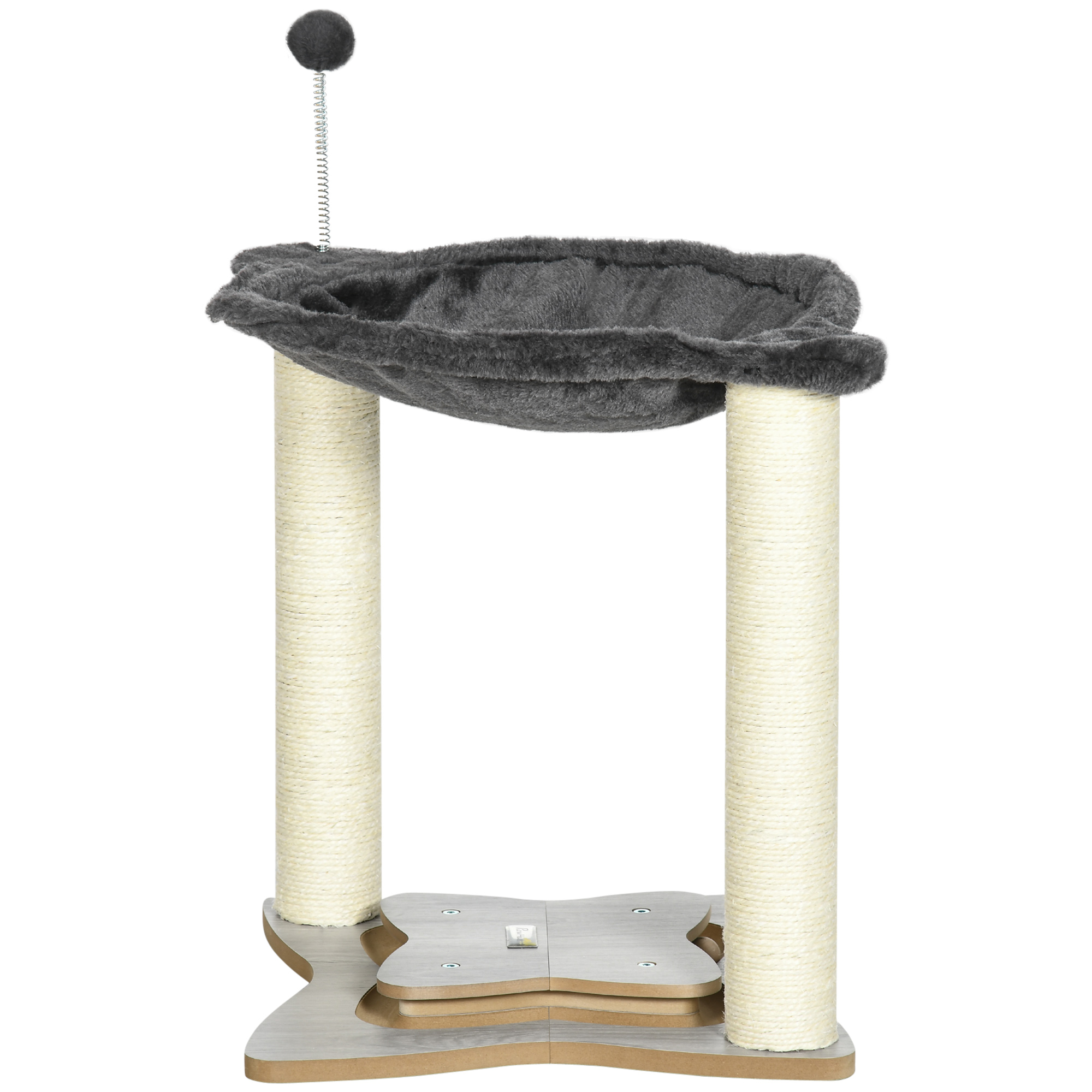 PawHut Kratzbaum für Katzen mit Plüsch-Hängematte, Holzbasis mit Spiel und Sisalstangen, 53,55x53,5x66cm, Grau