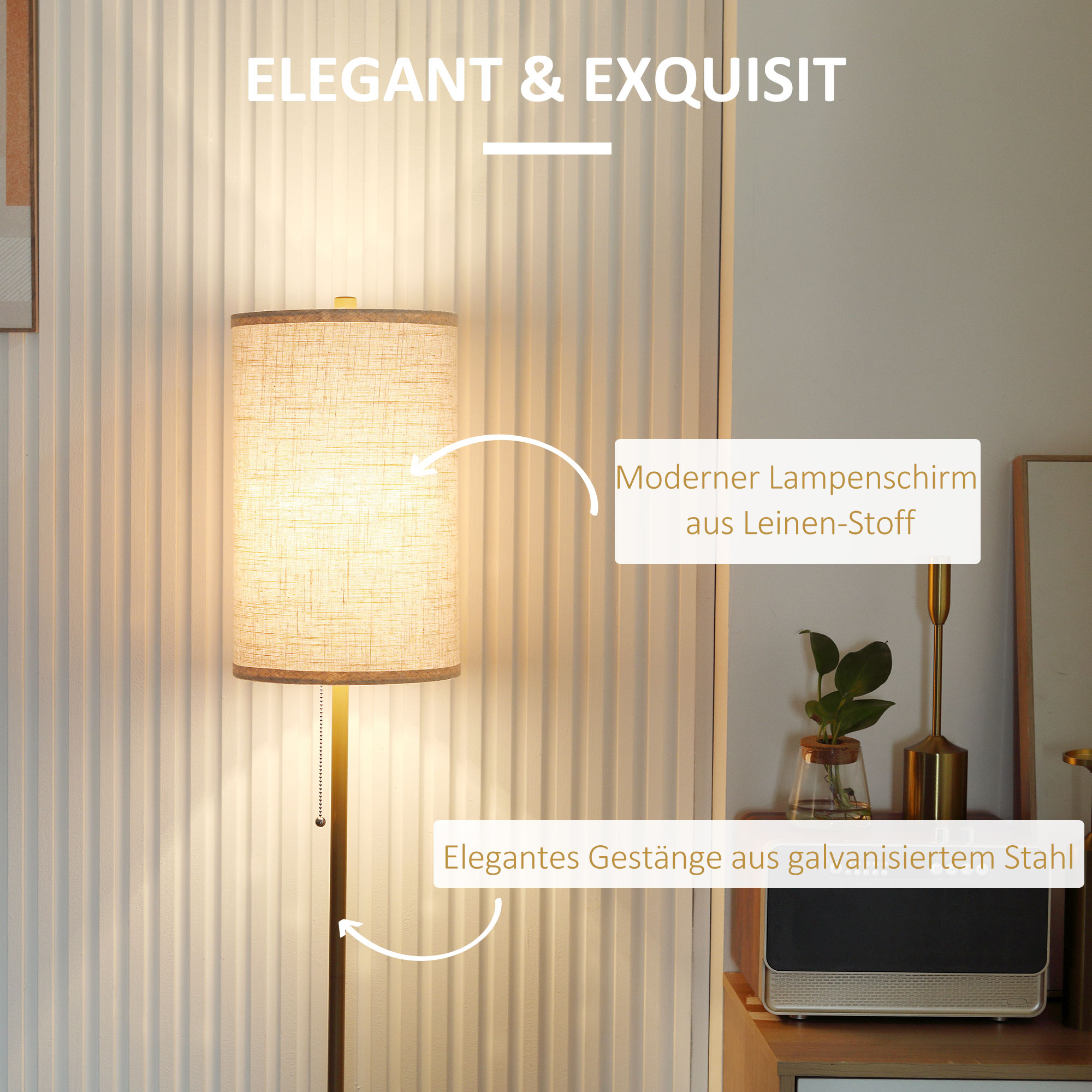 Staande Lamp, Elegante Staande Lamp van Staal met Stoffen Kap, Woonkamerlamp, Trekschakelaar, Goud+Wit