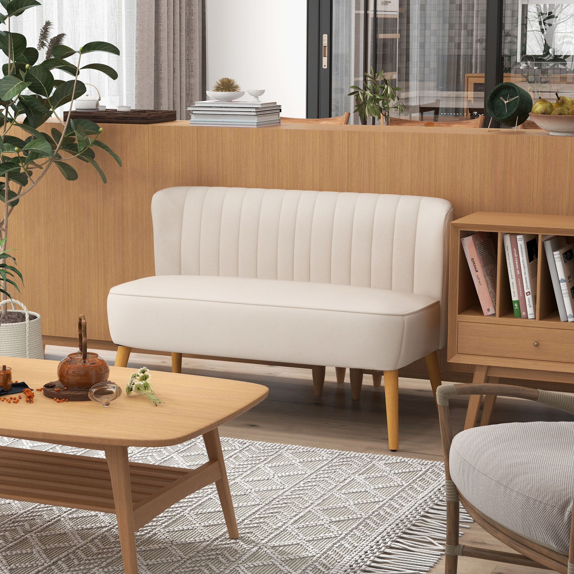 Sofa Retrodesign 2-zitsbank, houten poten, 117 cm x 56,5 cm x 77 cm, wit