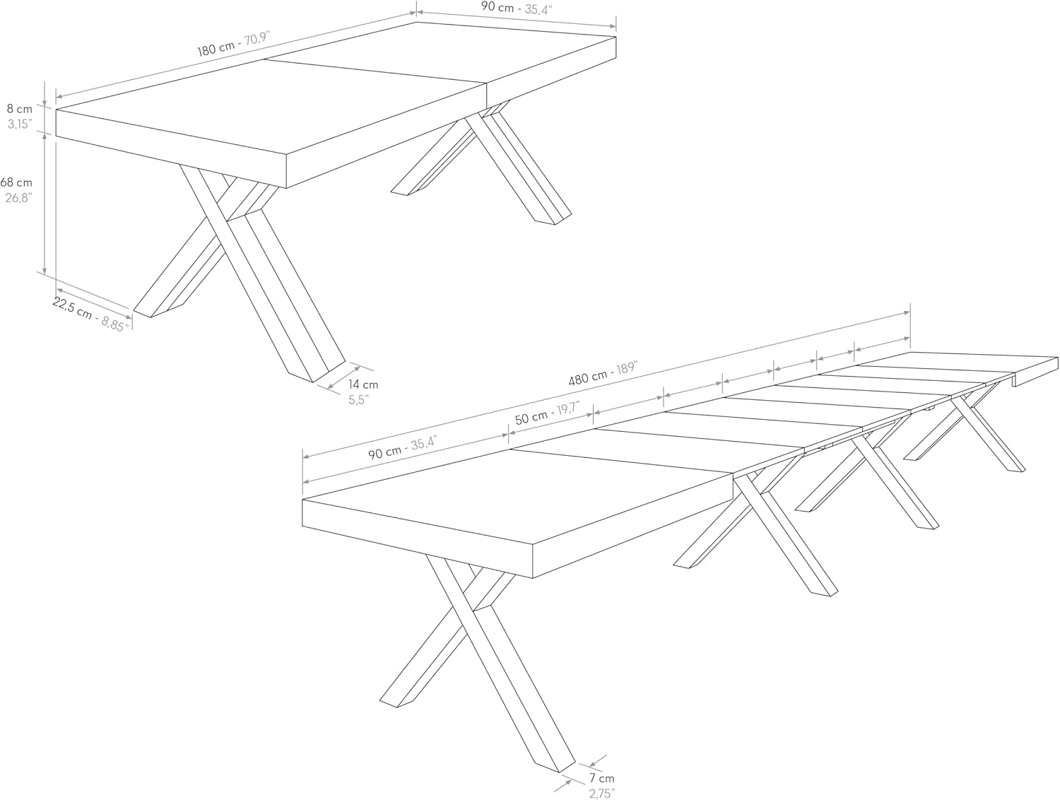 PAZZO DESIGN Tavolo Allungabile Roberta, Tavolo Soggiorno, Tavolo Cucina, Rovere Rustico, Gambe Incrociate Nere a X, Da 180 a 480 cm, Made in Italy - id_2005