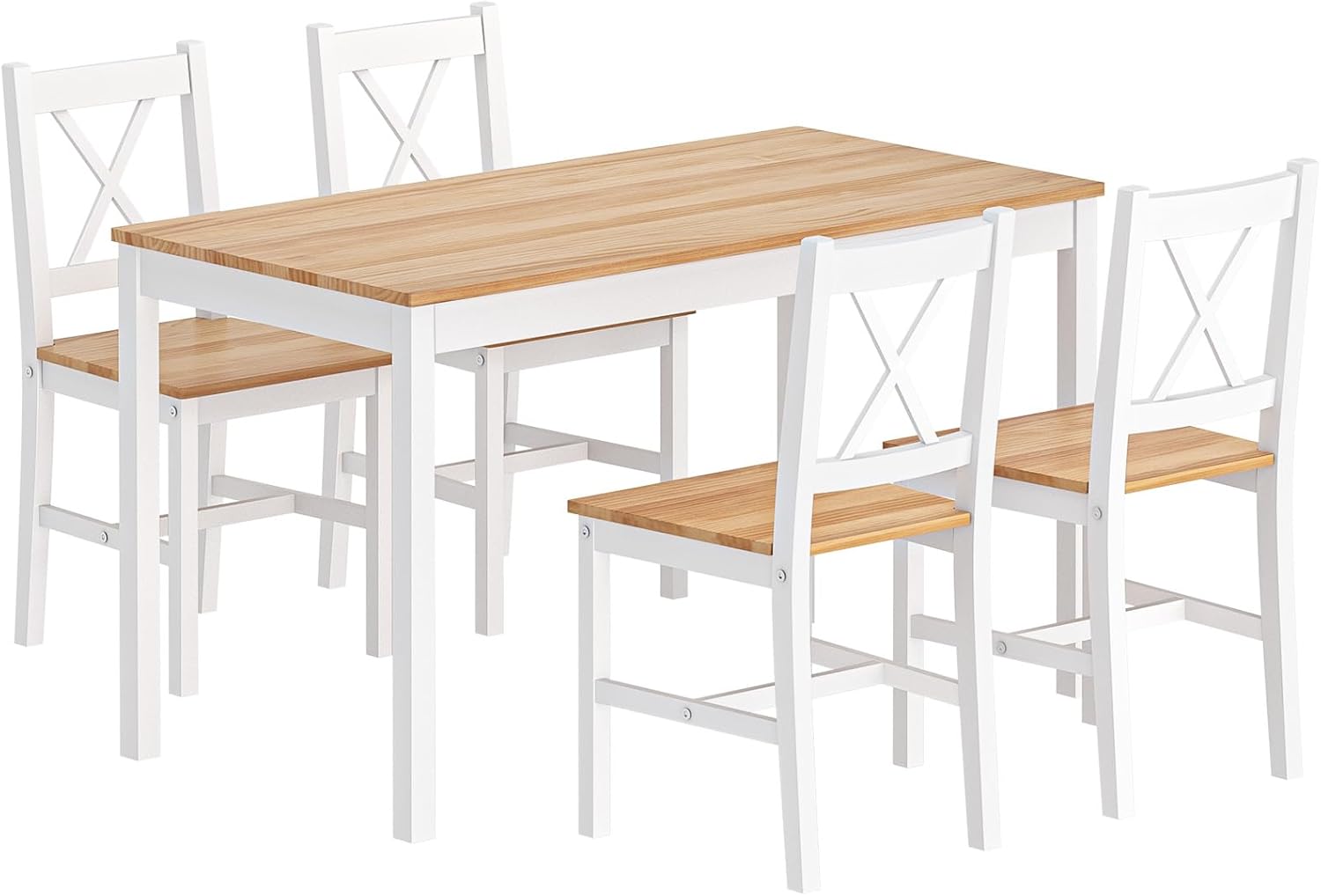 DlandHome Set di 5 pezzi tavolo da pranzo con 4 sedie, set di mobili da cucina in legno di pino teak/bianco
