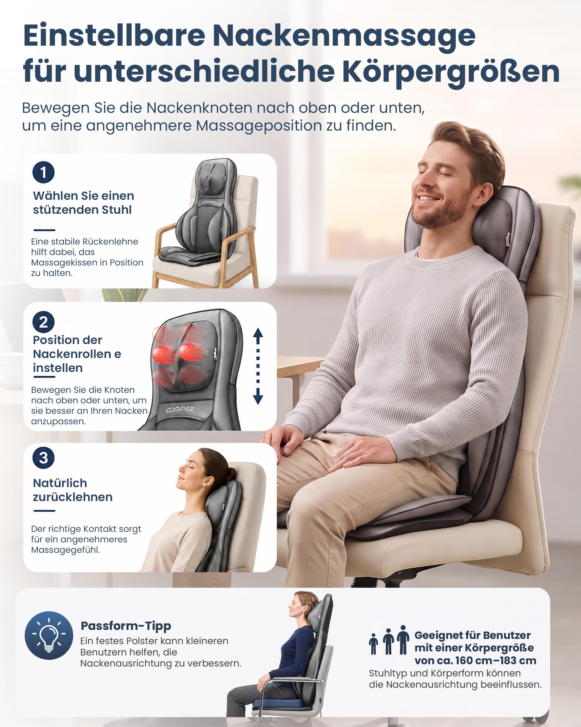 Massagesitzauflage mit Shiatsu, Wärme und Luftdruckmassage, höhenverstellbare Nackenmassage, 3 Zonen