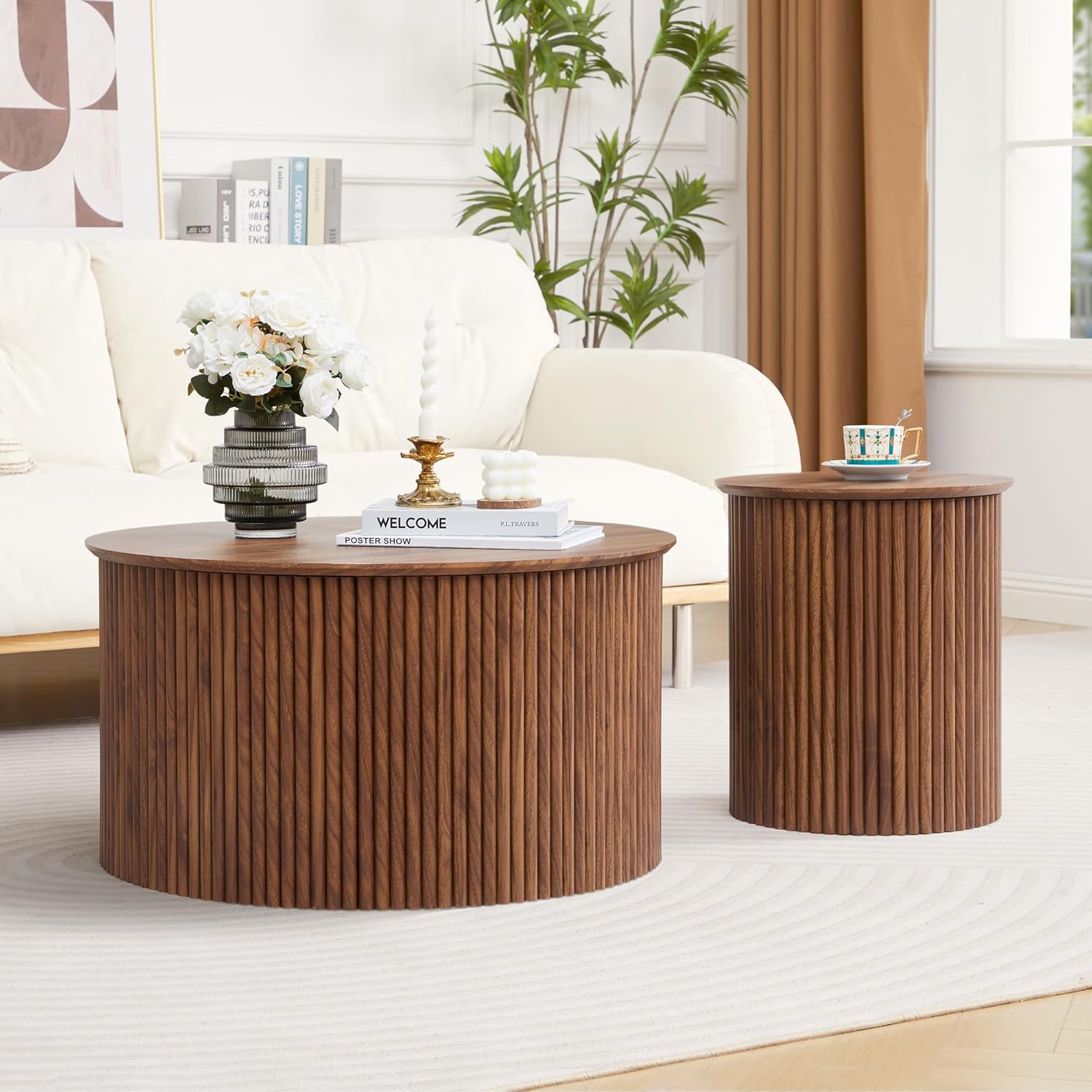 Fluted Round Nesting Coffee Table Set of 2, Mid Century Modern Wood Coffee Tables and End Table Set, Circle Side Table Minimalist Center Tables for Living Room, Office(Walnut)
