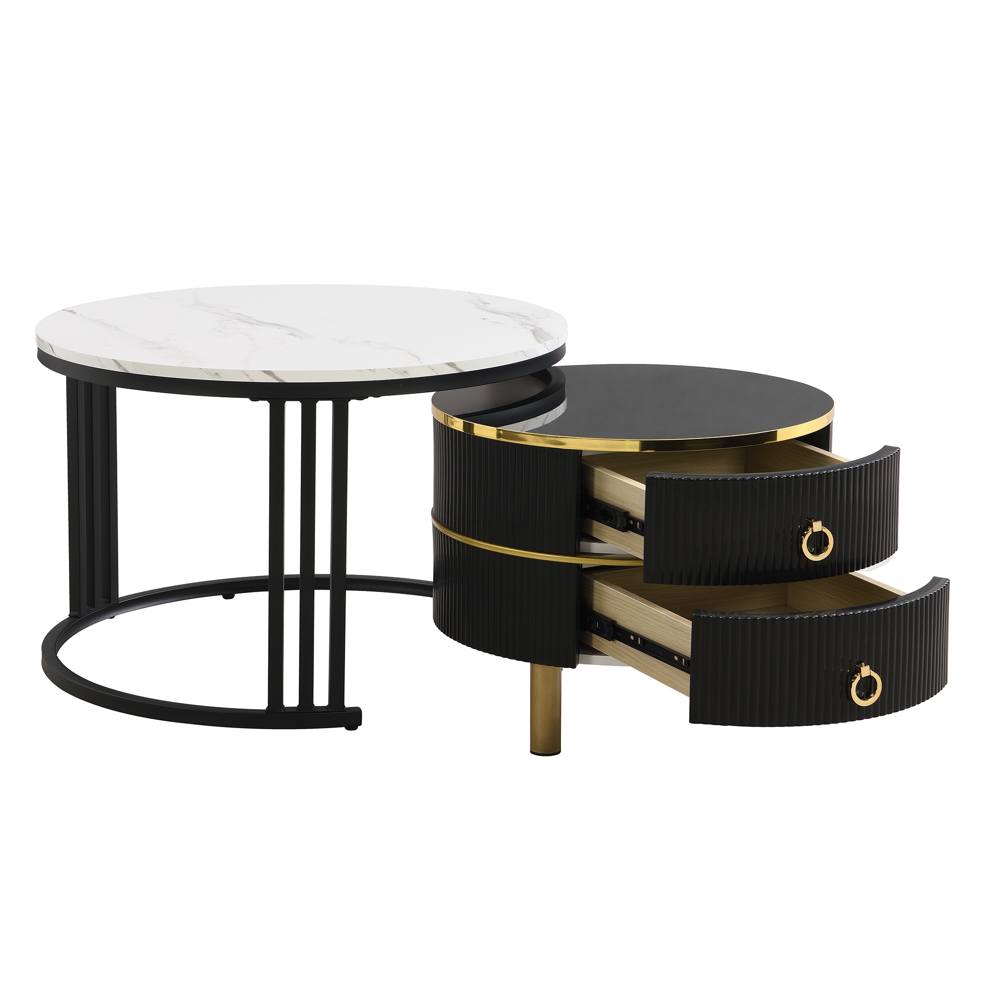 2-in-1 Couchtisch-Set mit Marmormuster und Hochglanz, runde Tische mit Schubladen, MDF und Metallbeine, Weiß+Schwarz