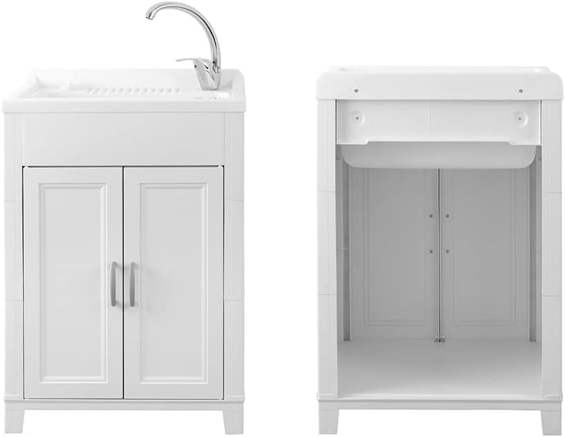 Mobile lavatoio lavanderia 60x50, ideale per esterno e interno, resina PVC bianco in kit di montaggio, INCLUDE asse e kit di scarico (60x50)