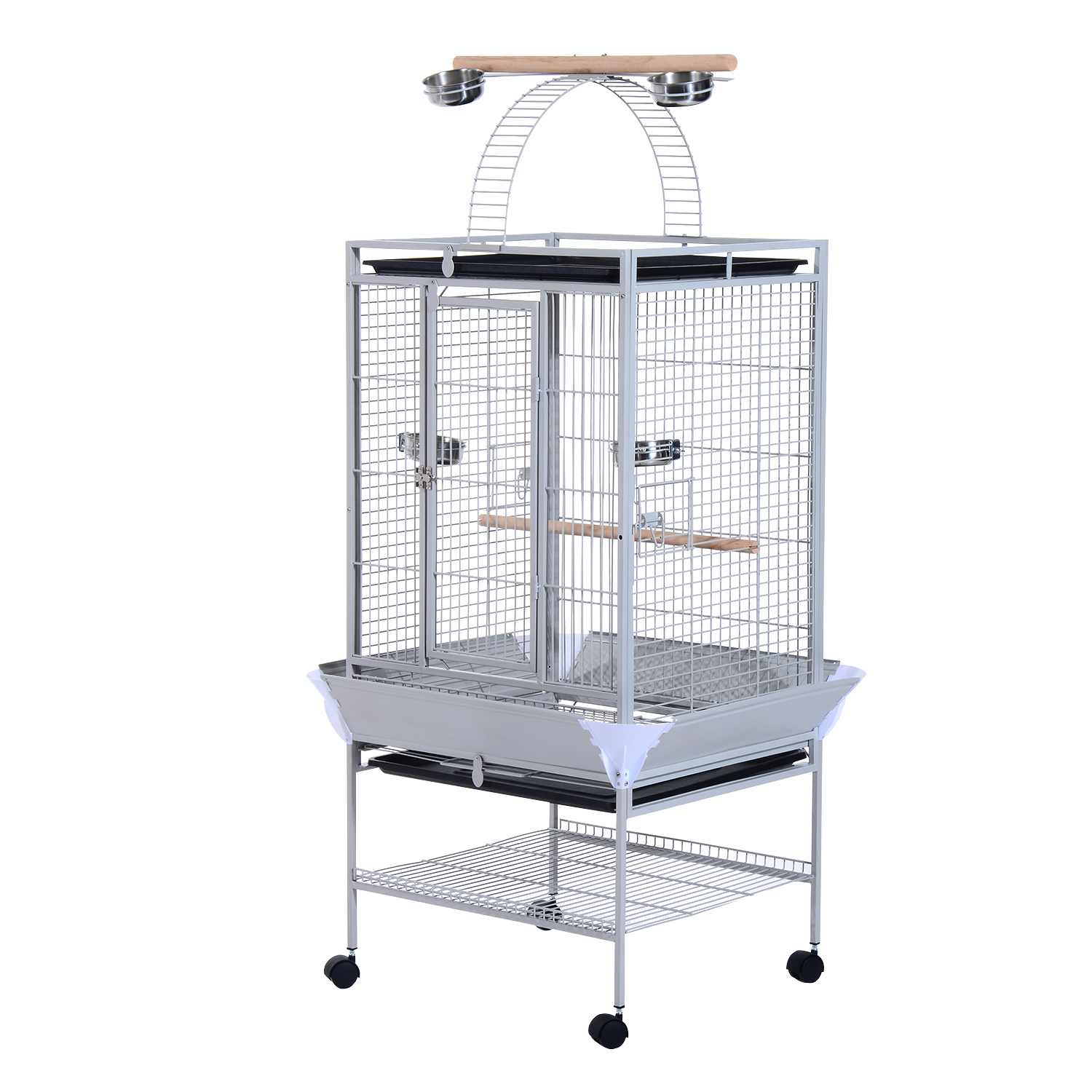 PawHut Vogelkäfig mit Rädern Höhe 161,5 cm, Edelstahlschalen und Holzsitzstangen, Silber