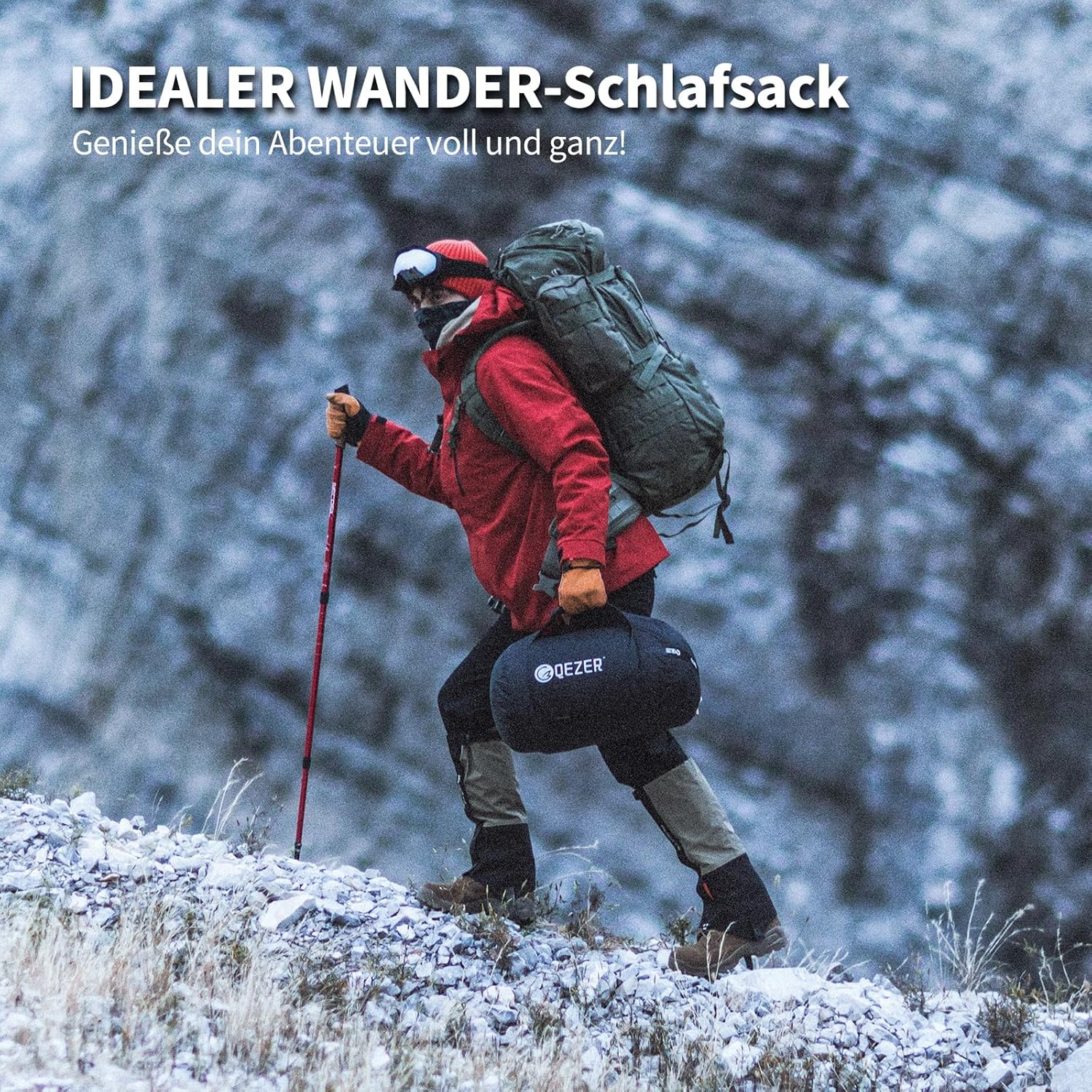 Daunenschlafsack, Winterschlafsack, gefüllt mit 650er Entendaunen. RDS-Zertifiziert. Geeignet für Temperaturen von 8 °C bis -30 °C, ideal zum Campen und Bergsteigen.