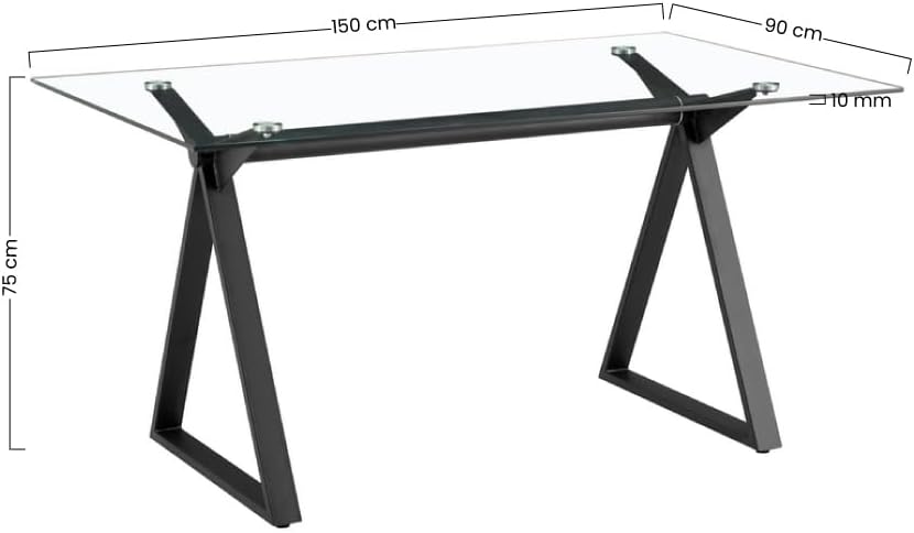 Brigros WeHome - Tavolo Da Pranzo Rettangolare Smart Con Top In Vetro Temperato, Tavolo Cucina, Tavolo Salotto, Tavolo Da Cucina Con Gambe In Ferro,arredamento Casa, 150x90x75 Cm (Nero)
