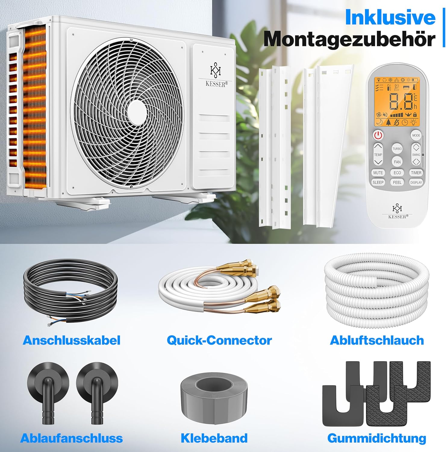 KESSER® Split Klimaanlage Set Quick Connect 12000 BTU 3,4 kW – WiFi & App Klimagerät mit Heizfunktion & Kühlmodus Wandklimaanlage, mit Kupferleitung Kältemittel R32 Inkl. Montagematerial