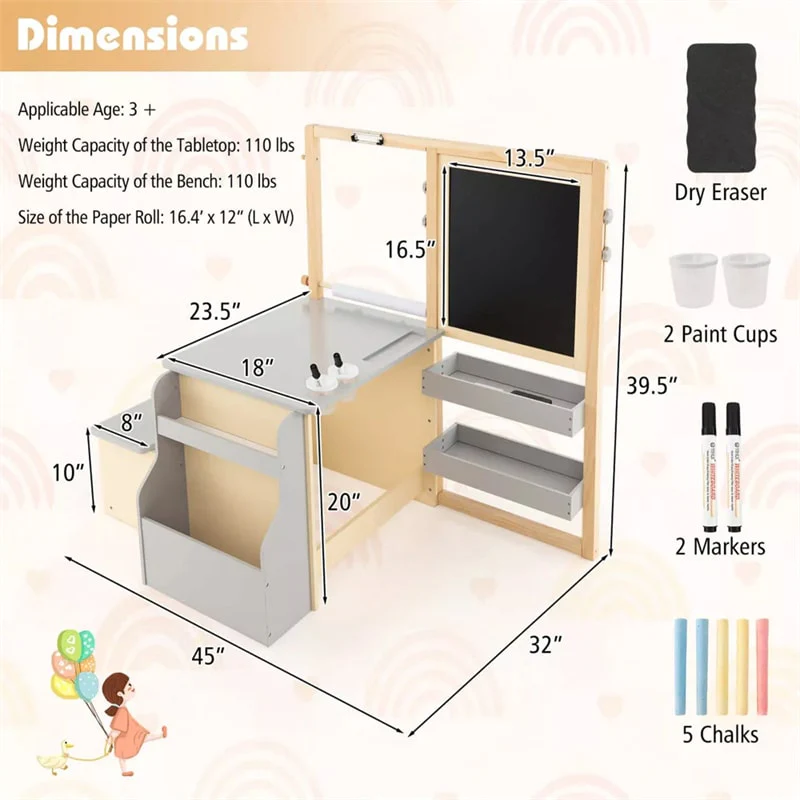 Kids Wooden Art Center Easel with Adjustable Double-Sided Blackboard & Whiteboard, Paper Roll, Toddler Art Table & Chair Set with Storage