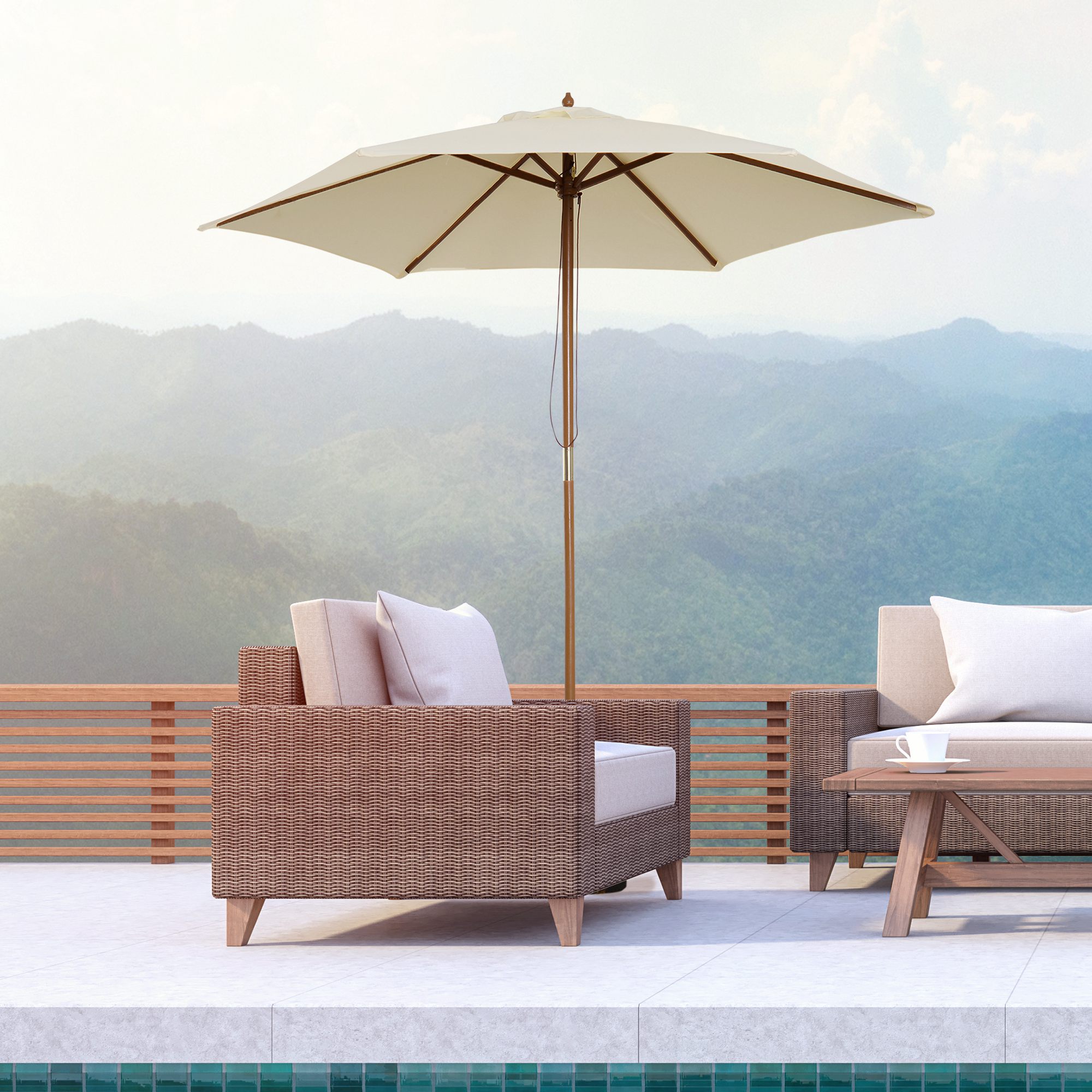 Outsunny Gerader Garten Sonnenschirm mit doppeltem Dach, groß Ø 2,5 x 2,3H m Bambusholz Creme