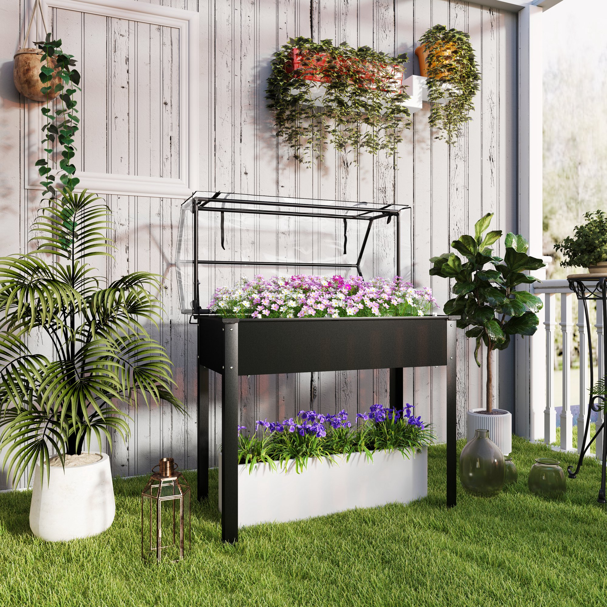 Verhoogde Tuinbak met Kasdak, Verhoogde Plantenbak met Afvoergaten, 100 x 48 x 124 cm, Zwart