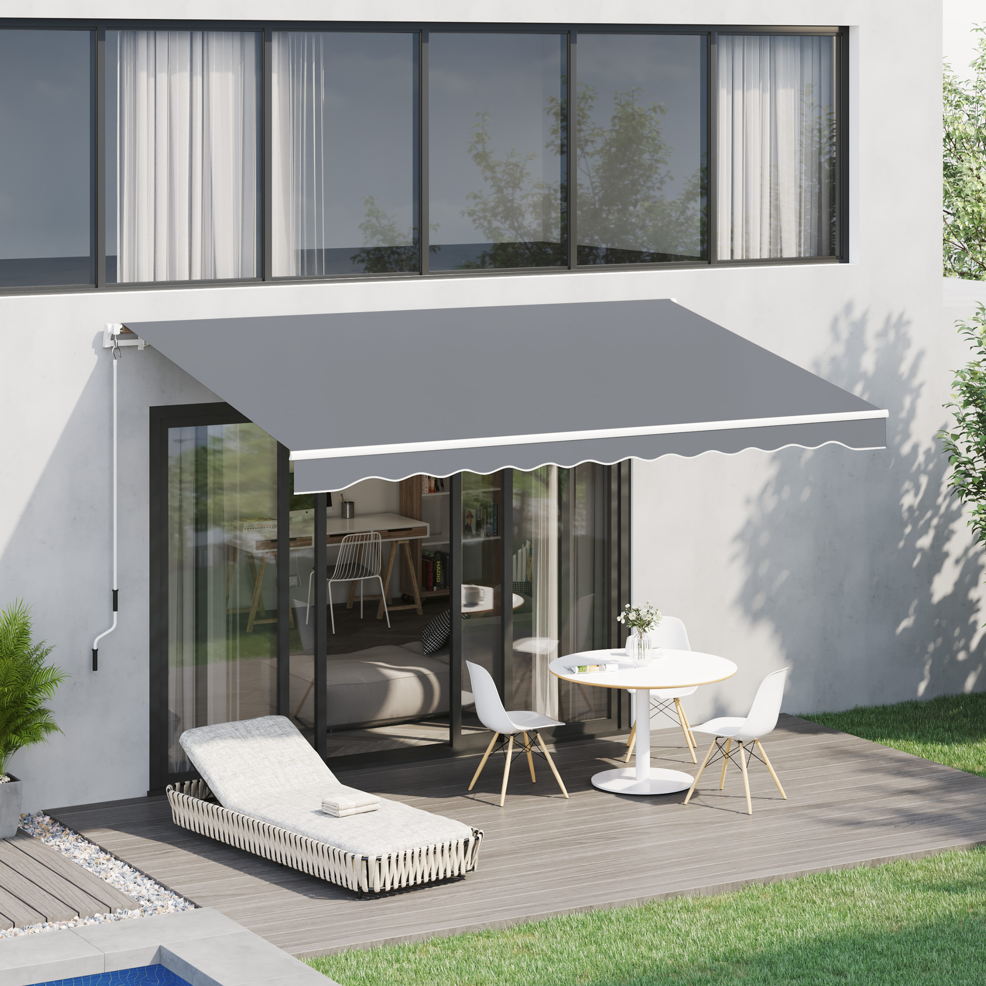 Outsunny Markise, 3,95 x 2,45 m, Sonnenschutz, einfahrbar, mit Handkurbel, Metallrahmen, Polyester, Grau/Weiß