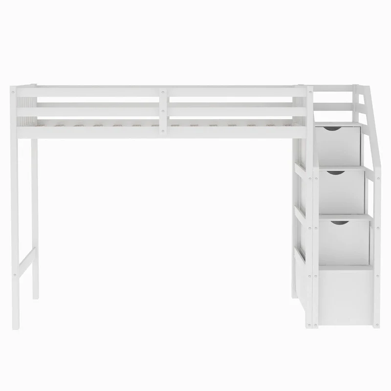 Twin Over Full Wood Loft Bed with Staircase,High Guardrails and Ladder