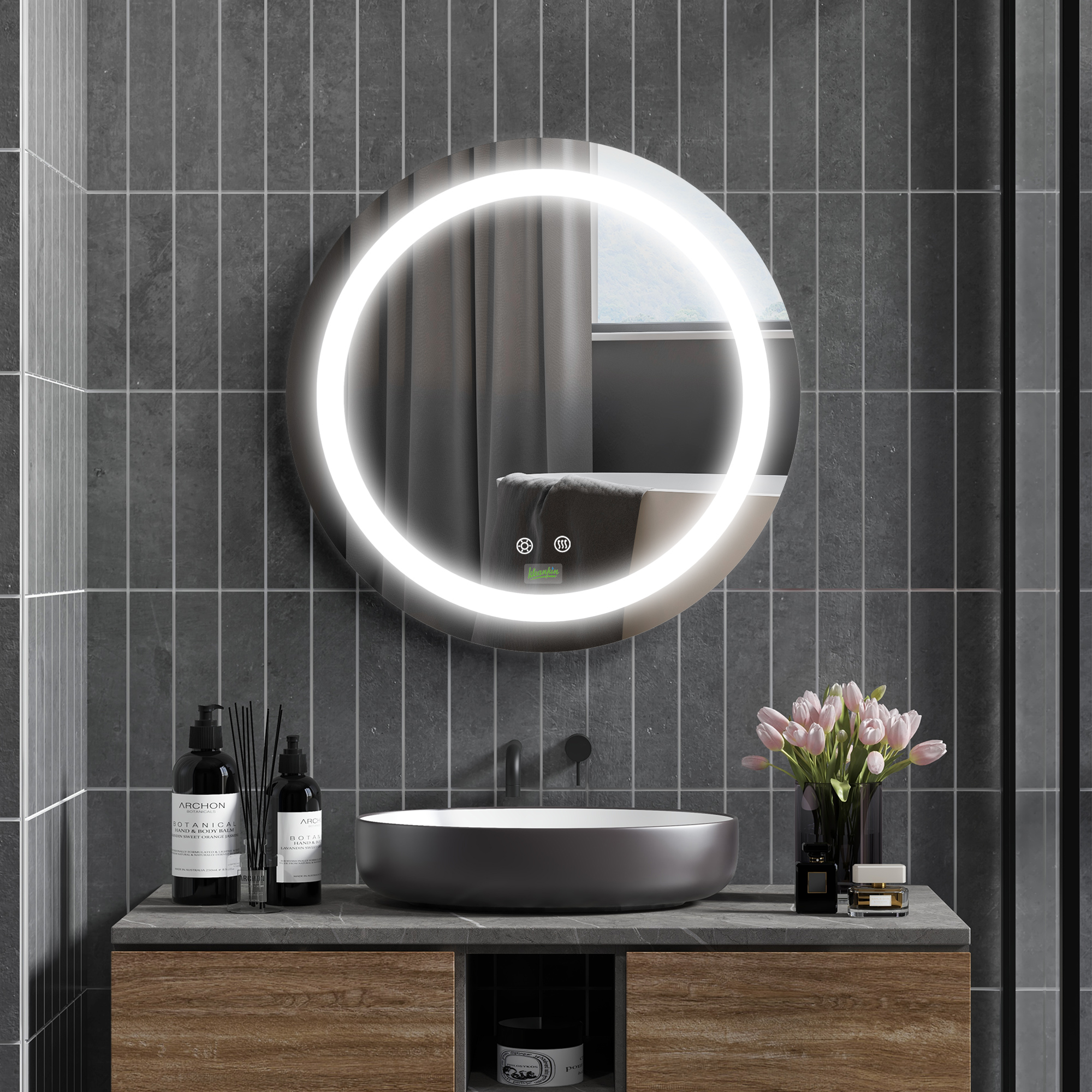 kleankin LED-Badspiegel, rund, beschlagsfrei, Touch-Steuerung, Ø50x4,6cm, Silber