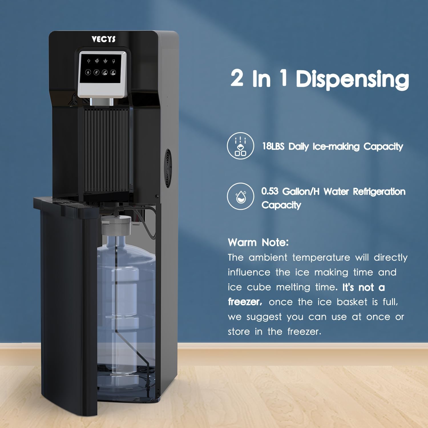 VECYS Water Cooler Bottom Load Ice Maker 18lbs Daily No Hot
