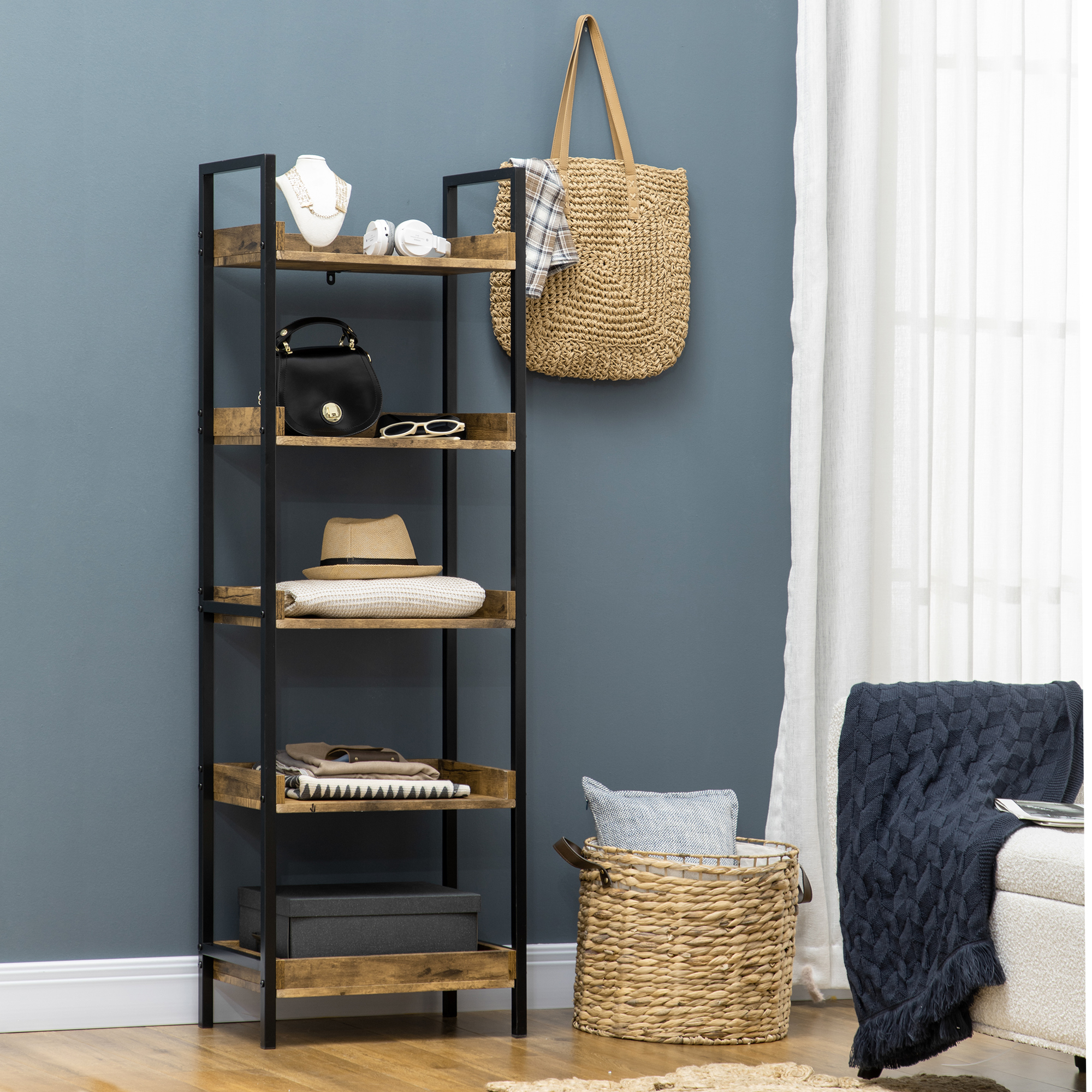 HOMCOM Leiterregal im Industrie-Design mit 5 Regalen 48 cm x 30 cm x 155 cm Braun + Schwarz