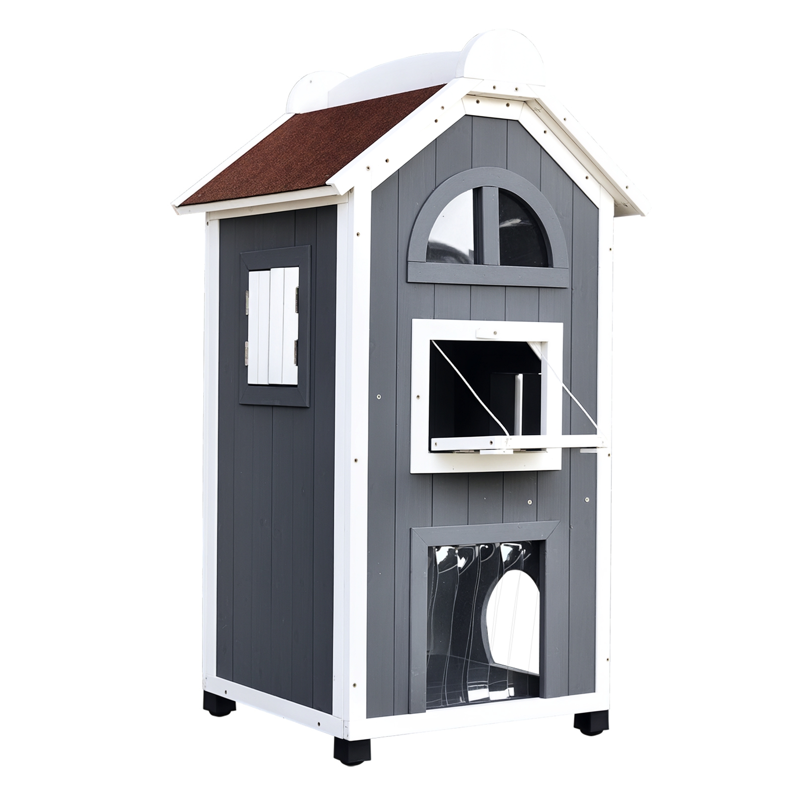 PawHut Katzenhaus für Katzenbett oder Katzentoilette, Katzenschrank, Katzenklo Indoor, Tannenholz, Asphaltdach, Grau, 59 x 55 x 109 cm