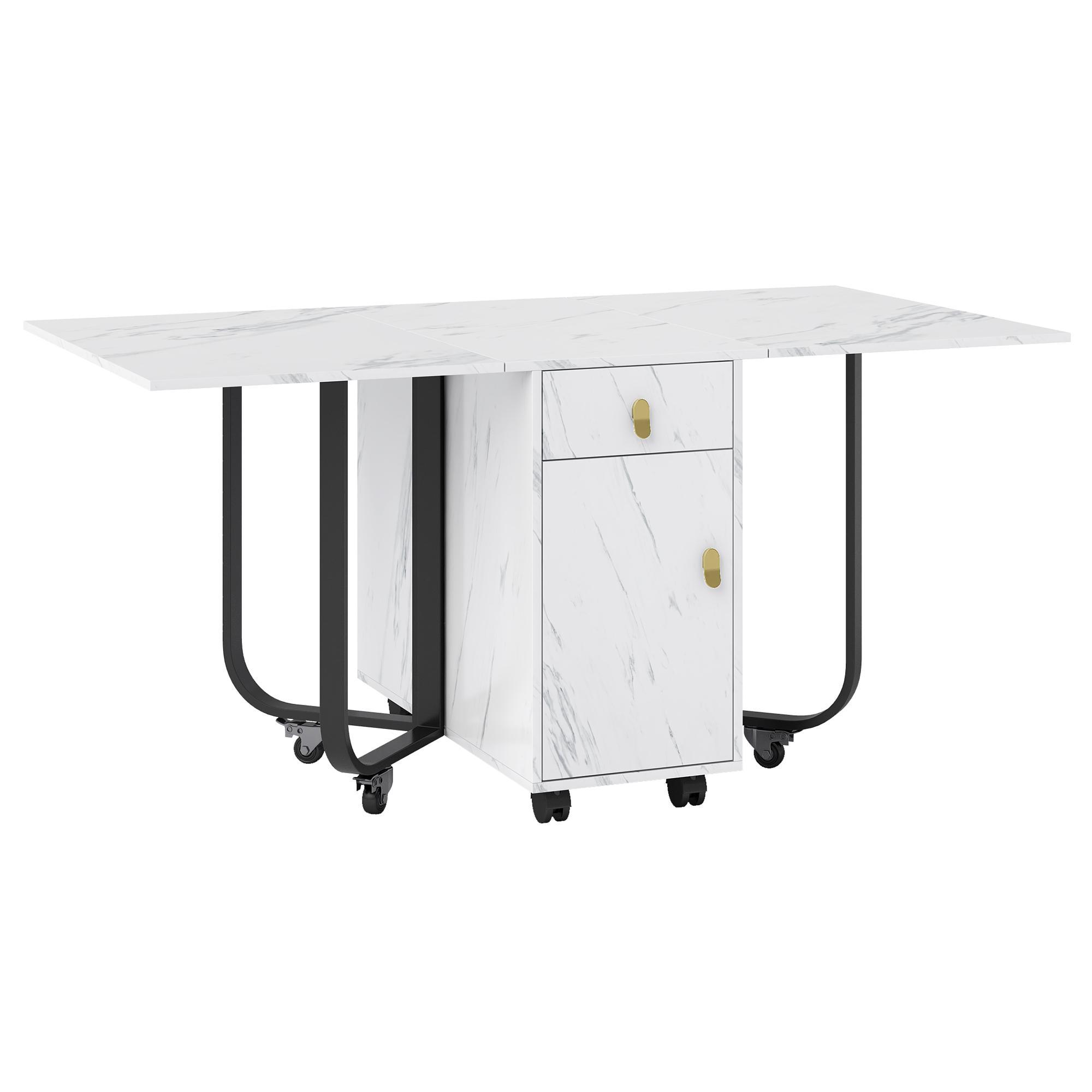 Klappbarer Esstisch mit Aufschrank und 2 Schubladen, Vielseitiger Tisch mit Rollen, 150×80×76 cm, Weiß+Schwarz