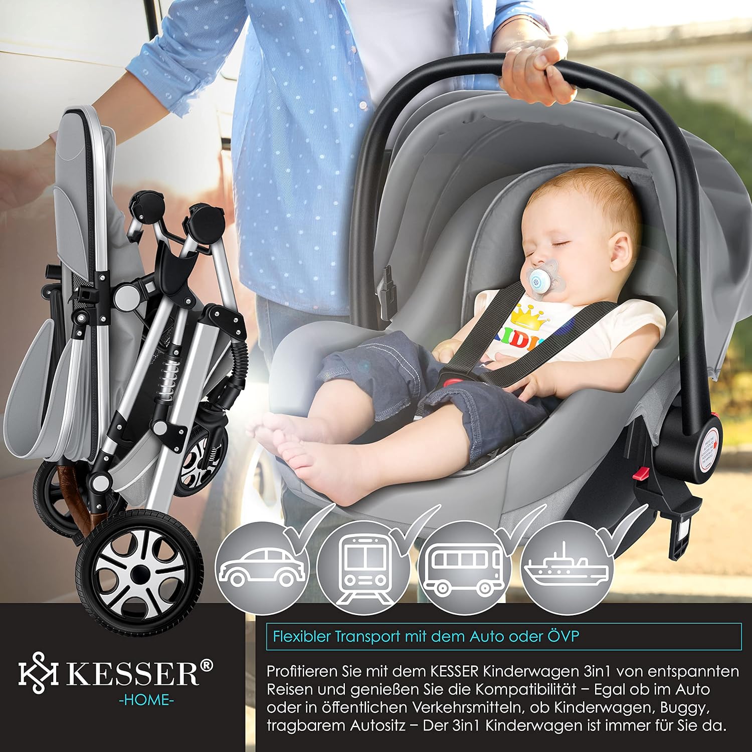 KESSER® Loops 3 in 1 Kinderwagen Kombikinderwagen Komplett-Set inkl. Babywanne & Buggy Sportsitz & Auto-Babyschale Voll-Gummireifen Wickeltasche Regenschutz Kindertisch ECE R129, Schwarz/Schwarz
