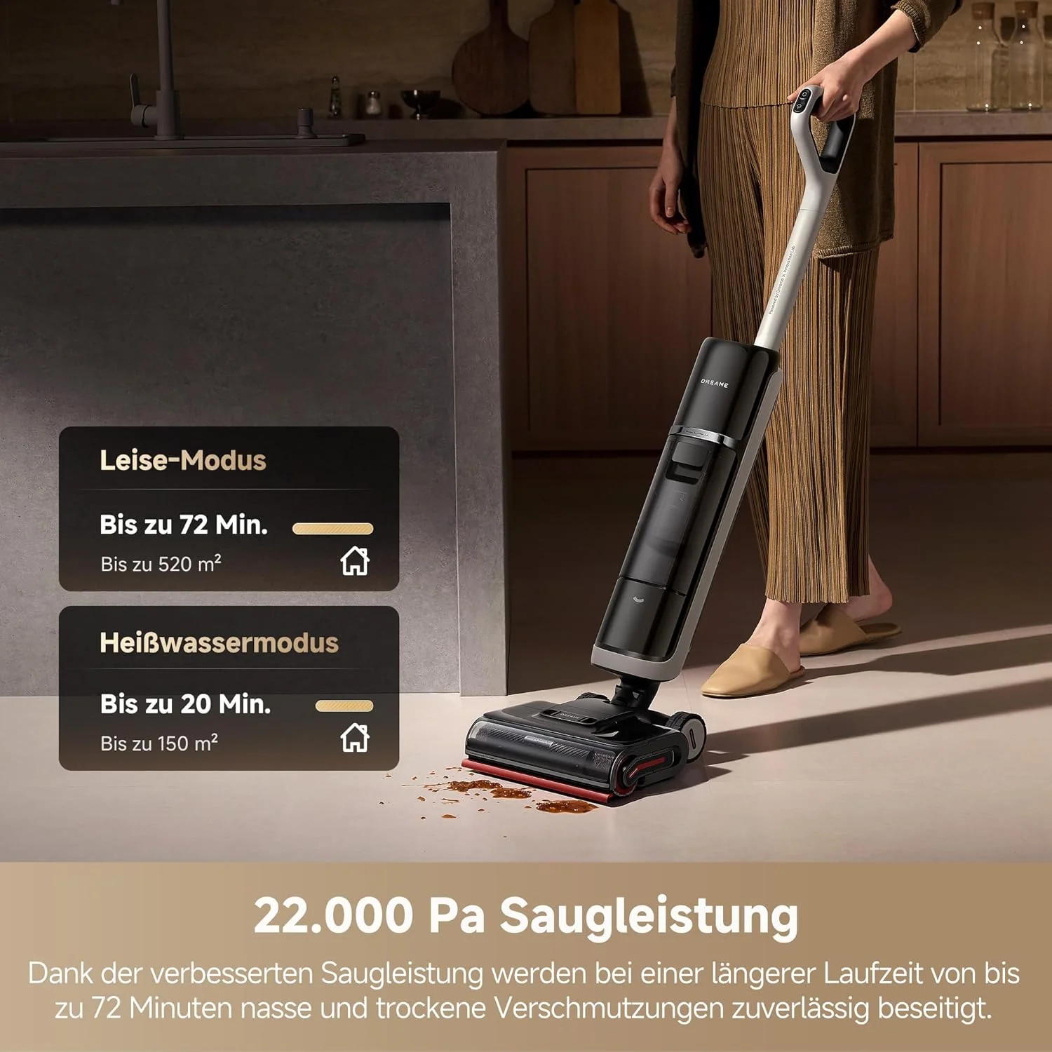 dreame H15 Pro Heat Nass- und Trockensauger, 85° C Wasser, GapFree AI-Roboterarm, RGB-Erkennung, 22.000 Pa Saugleistung, Haarentwirrung, 100° C Bürstenreinigung, 5 Min. 90° C Trocknung, App-Steuerung