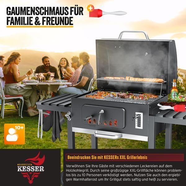 KESSER® Holzkohlegrill XXL Grillwagen Set mit Deckel & Thermometer – großer BBQ Kohlegrill Wagen, Smoker Grill mit Kamin & Lüftung, mit Grillrost, Warmhalterost & Ablage inkl. Haube, Bürste & Pinsel