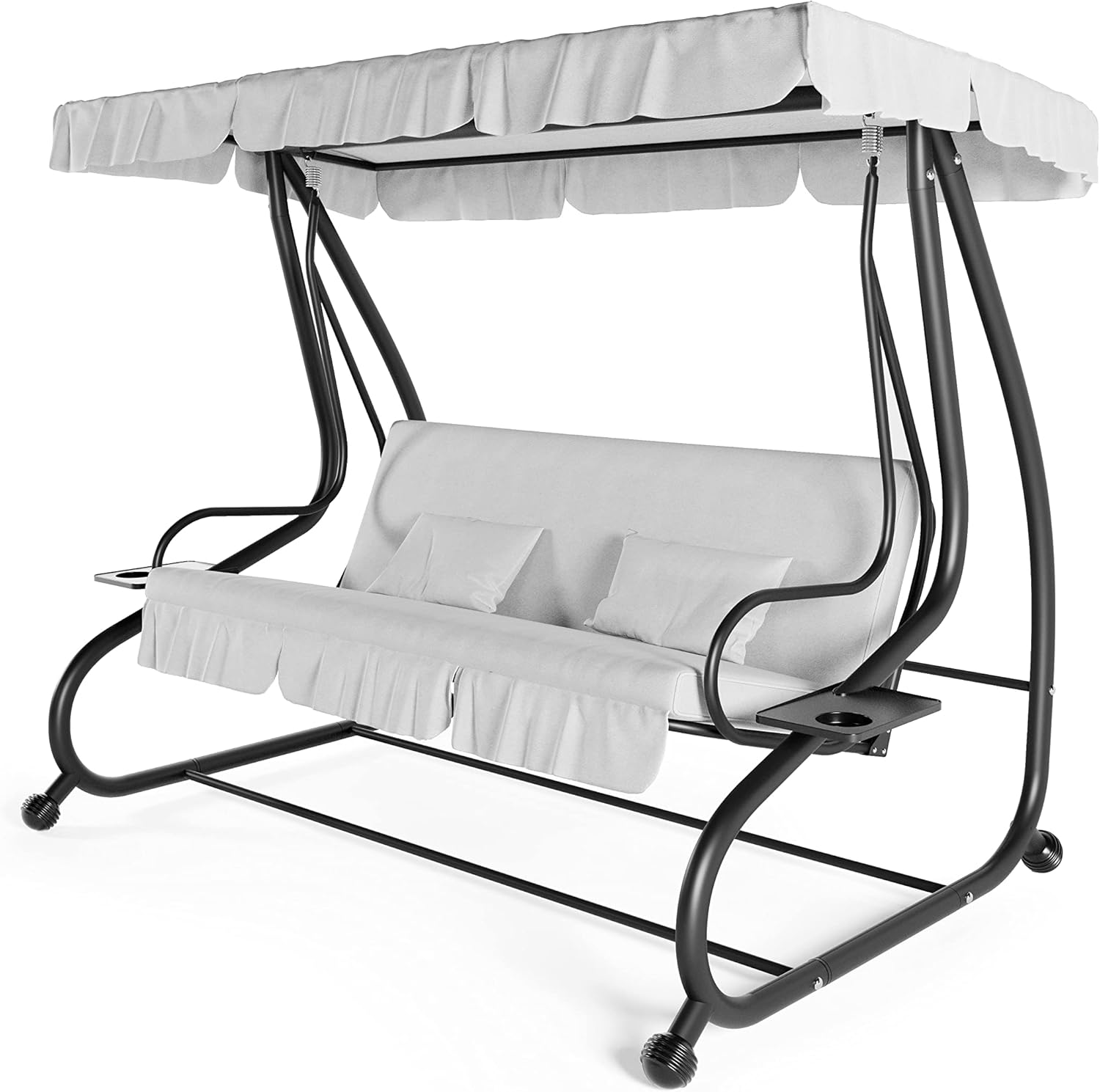 3-Seater Reclining Swing Chair with Padded Cushions Sun Shade Adjustable Canopy Becomes Bed Structure Sturdy Painted Steel Garden Outdoor Balcony Terrace Pool 200 x 120 x 160 cm Grey