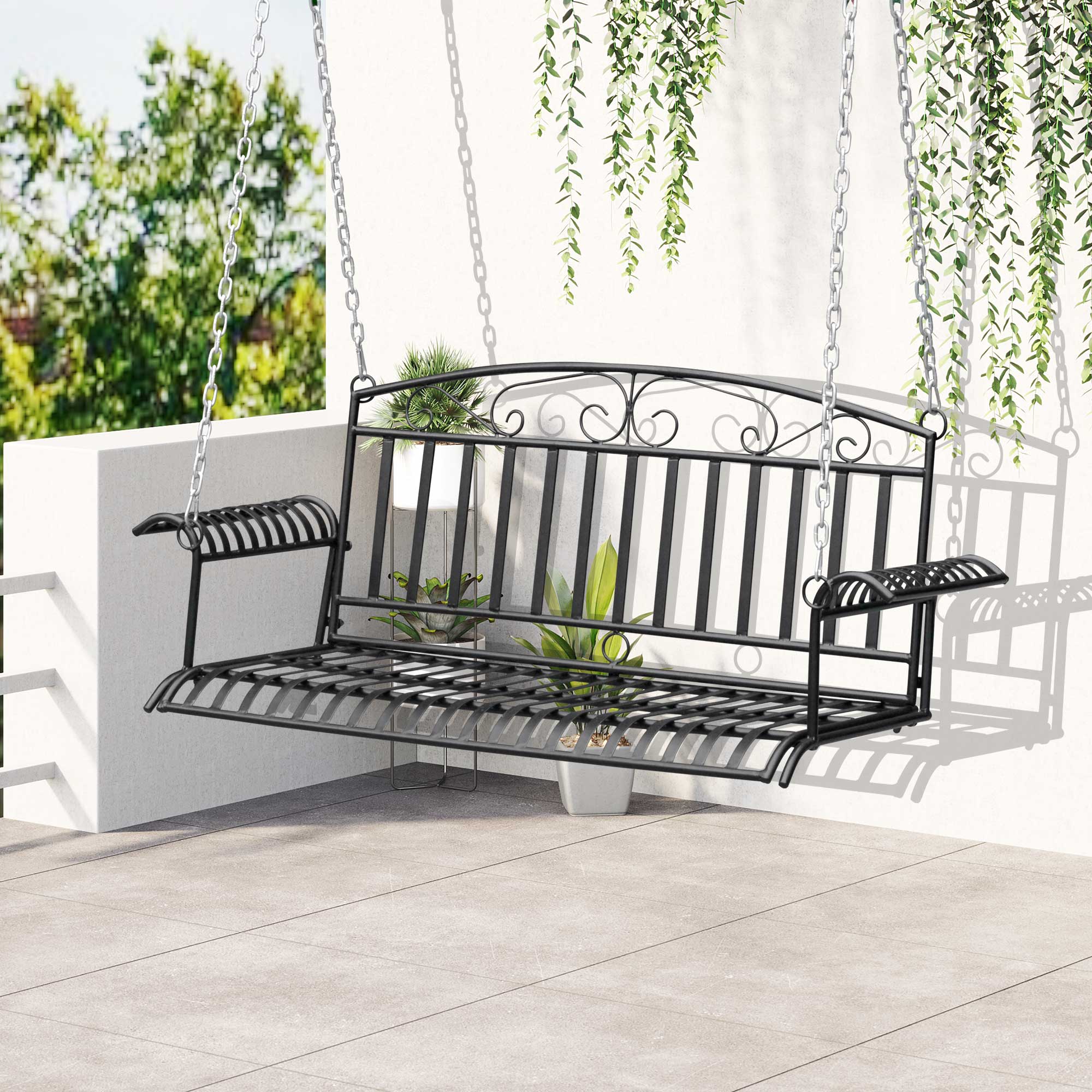 Outsunny Hängebank aus Metall 2-Sitzer Gartenschaukel zum Aufhängen für 2 Personen Schaukelbank mit Ketten Patio Terrasse Hinterhof Schwarz 137 x 58 x 53 cm