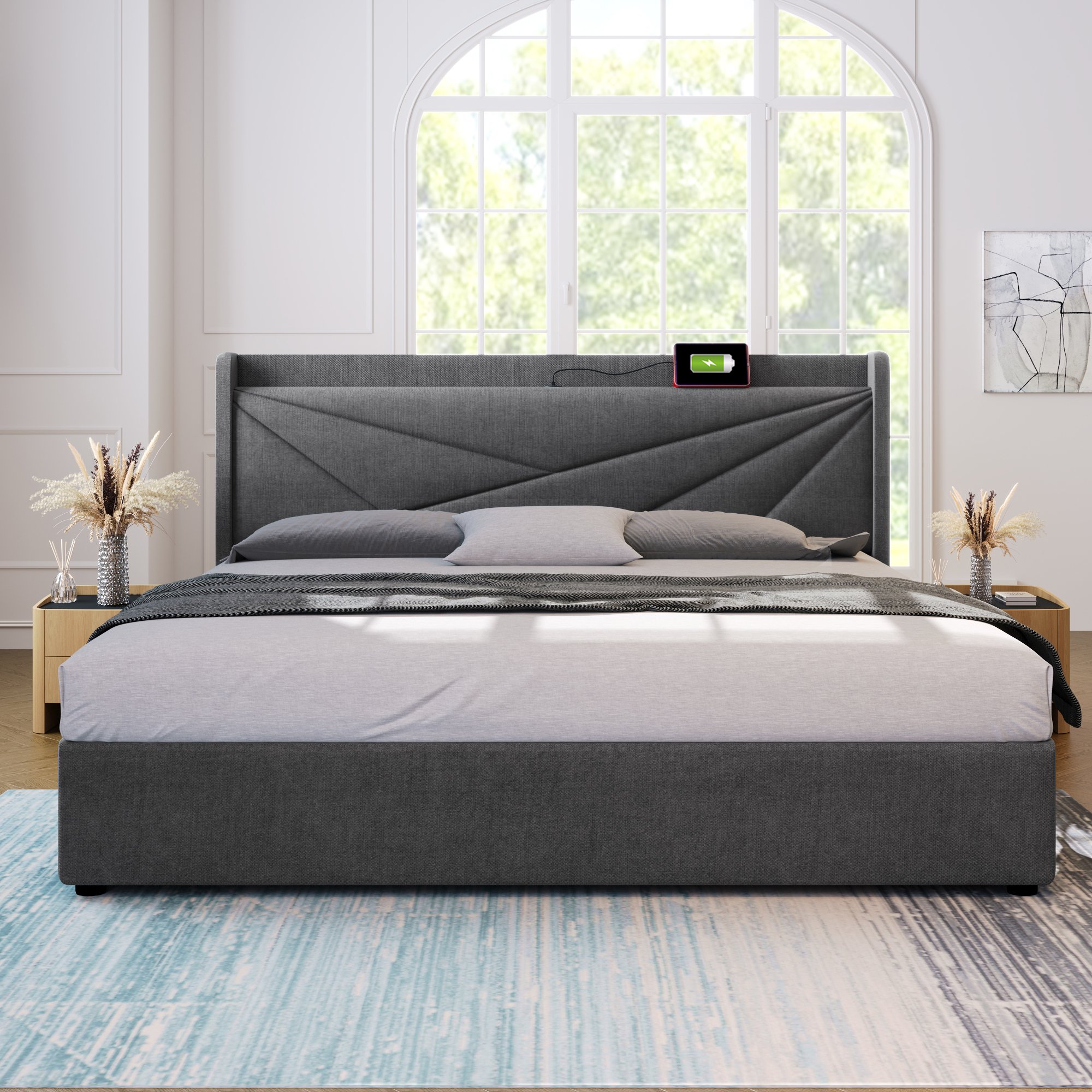 Doppelbett mit Stauraum und USB-Typ-C-Ladefunktion, Leinenstruktur, ohne Matratze 140x200, Grau