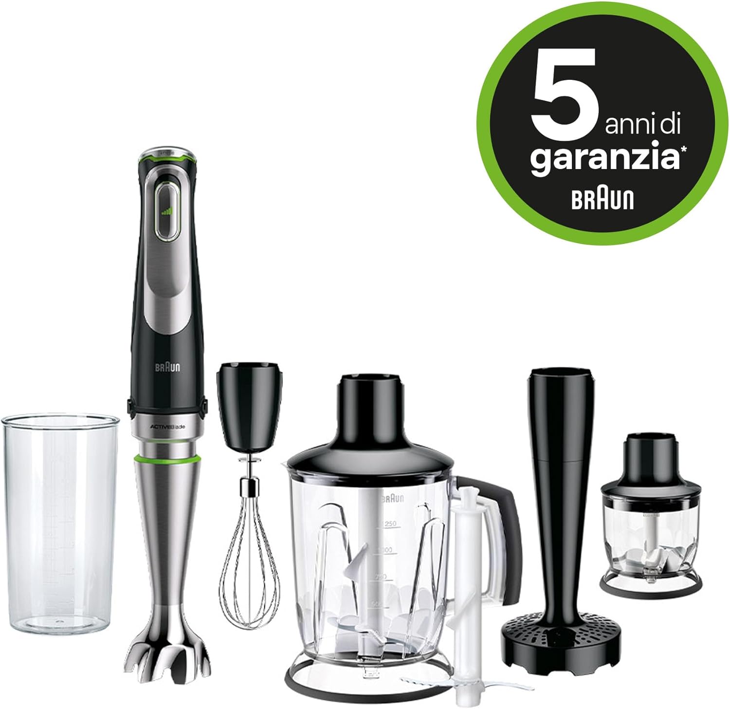 Braun MultiQuick 9 MQ 9187XLI Stabmixer – Pürierstab mit Active PowerDrive Technologie und 5 Zubehrteilen zum Zerkleinern, Stampfen, Rühren und Ice-Crushen, 1200 Watt, schwarz/Edelstahl