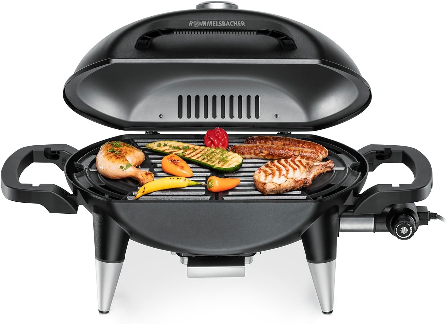 ROMMELSBACHER Barbecue Grill BBQ 4000, 2 pezzi, griglia in ghisa, coperchio a cerniera con indicatore di temperatura, temperatura fino a 300 °C, espandibile con carrello per barbecue, 2200 W