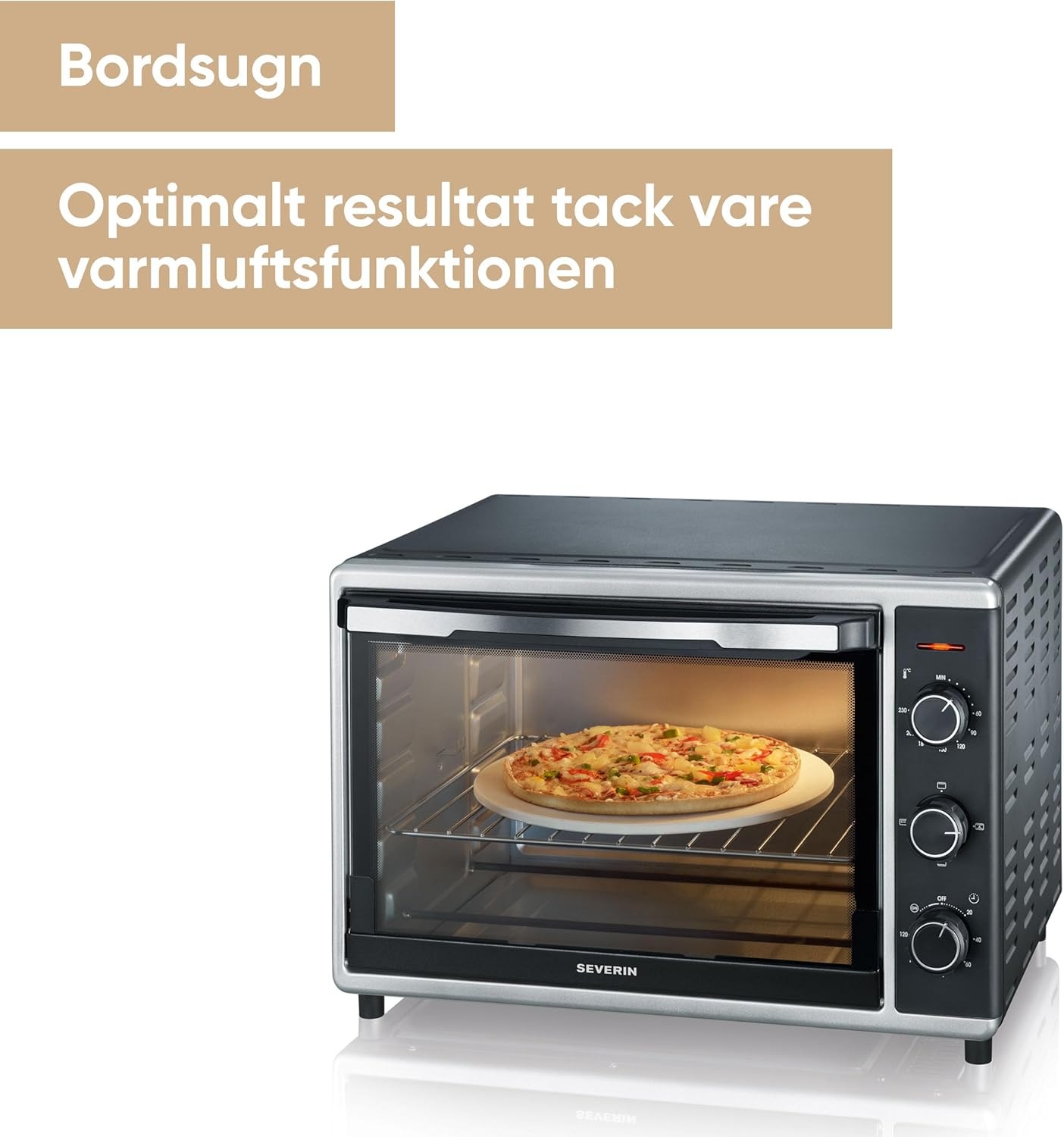 SEVERIN Forno Elettrico Ventilato, 42 Litri, 1800W, Temp. 0-230°C, Timer 120 min, con Pietra Refrattaria, Girarrosto, Luce Interna, Doppio Vetro, 51,5 x 42,0 x 36,5 cm, Nero/Argento - TO 2058