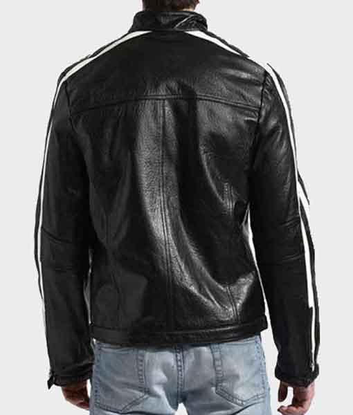 Men’s White Stripe Black Biker Cafe Racer Leather Jacket