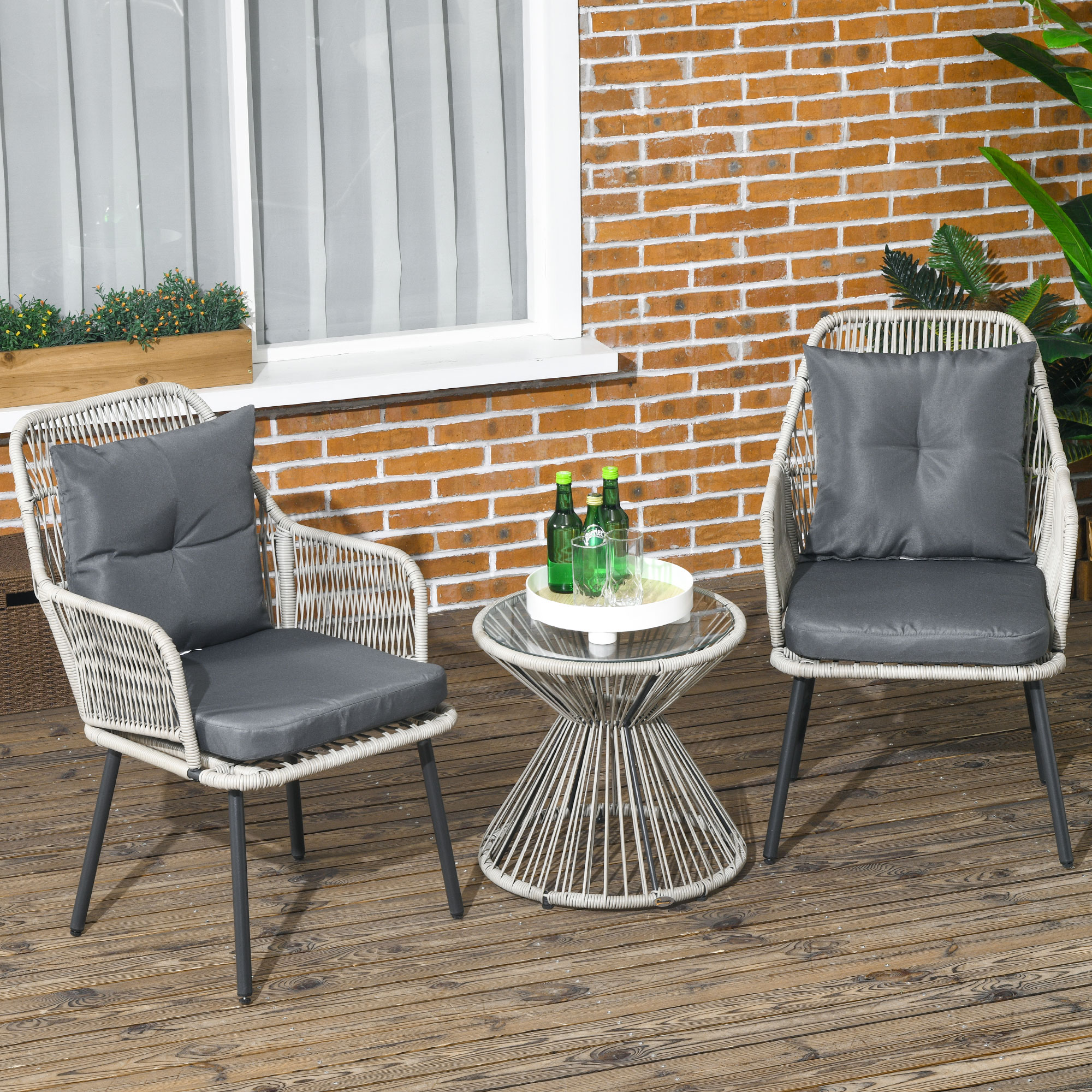 Outsunny Gartenmöbel-Set aus PE-Geflecht, 3-teilig, Stahlrahmen, 2 Sessel + 1 runder Beistelltisch, inklusive Kissen