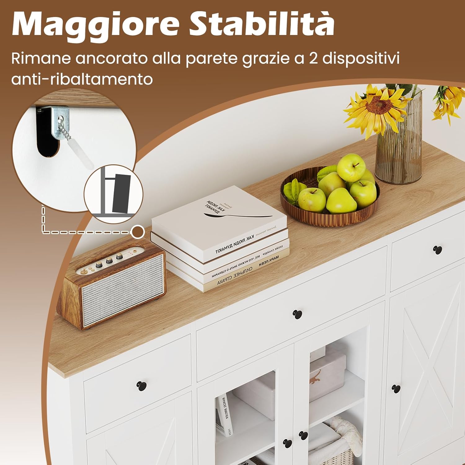 COSTWAY Credenza Cucina, Mobiletto da Cucina con 3 Cassetti, 3 Armadietti, 2 Ante Trasparenti e Ripiani Regolabili, Mobile Buffet Dispensa per Sala da Pranzo e Soggiorno, 140 x 40 x 90 cm (Bianco)
