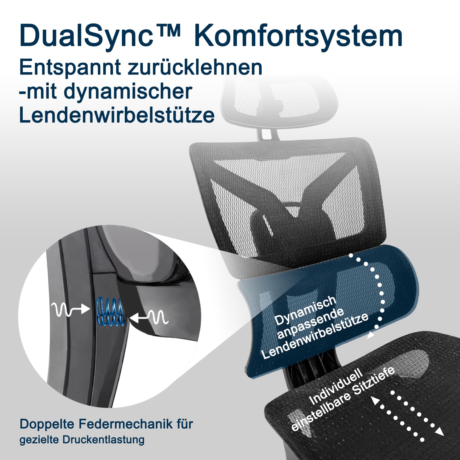 Ergonomischer Bürostuhl für große und schwere Personen mit Fußstütze, 5D-Armlehnen, Lendenstütze und Netz-Rückenlehne in Schwarz