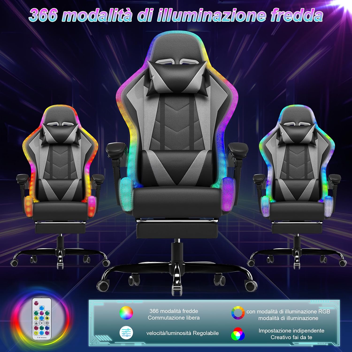 Devoko Sedia da Gaming con Massaggiante Schienale Regolabile 90-135°, Sedia Gaming con LED e Poggiapiedi Telescopico,Poltrona Gaming Ergonomica Portata 150 kg (Gray)