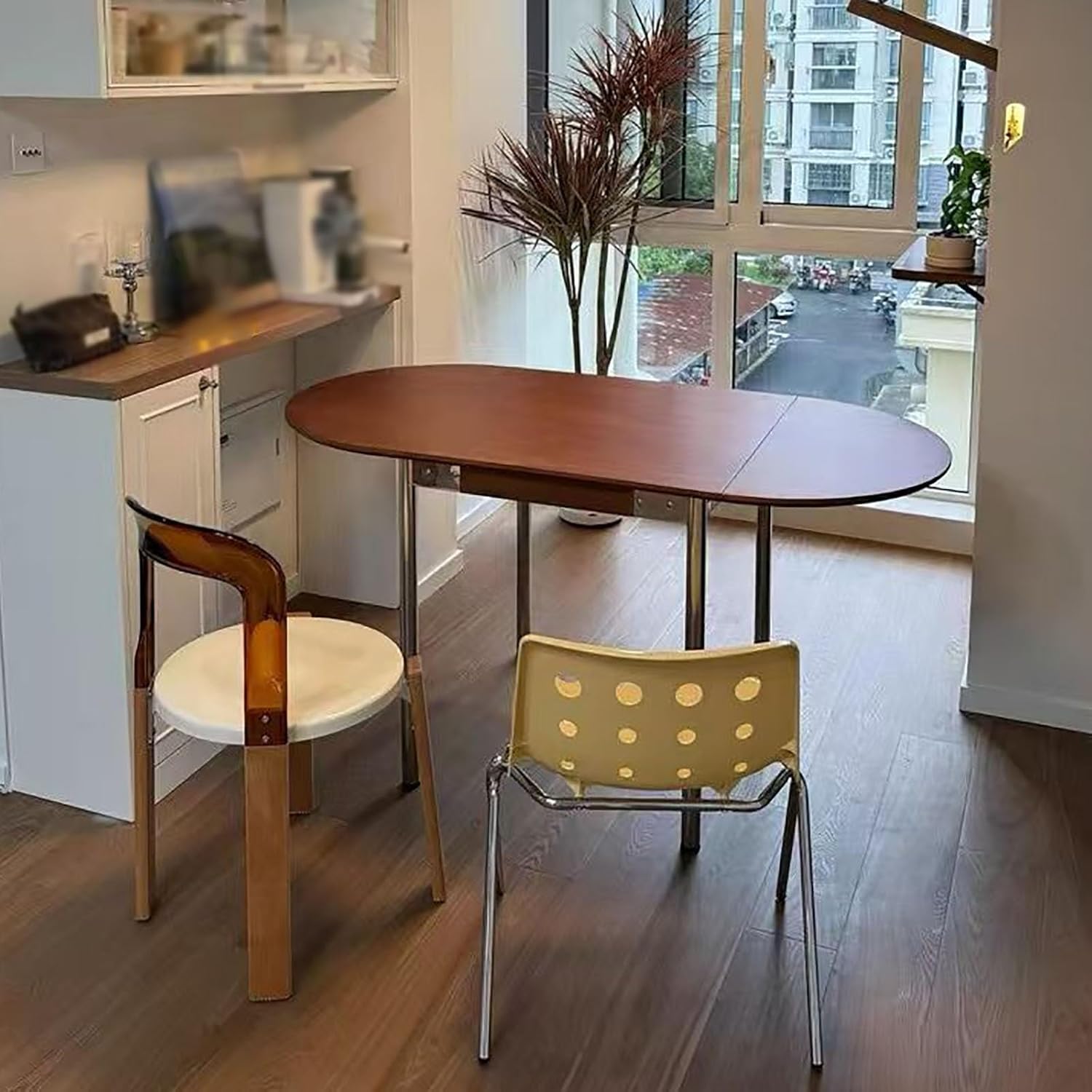 150cm Klappbarer Küchen-Esstisch Massivholz Küchentisch Ausziehbar Drop-Leaf Klappbarer Esszimmertisch Beine Aus Rostfreiem Stahl Für Gute Stabilität Und Tragfähigkeit Für Kompakte Wohnungen