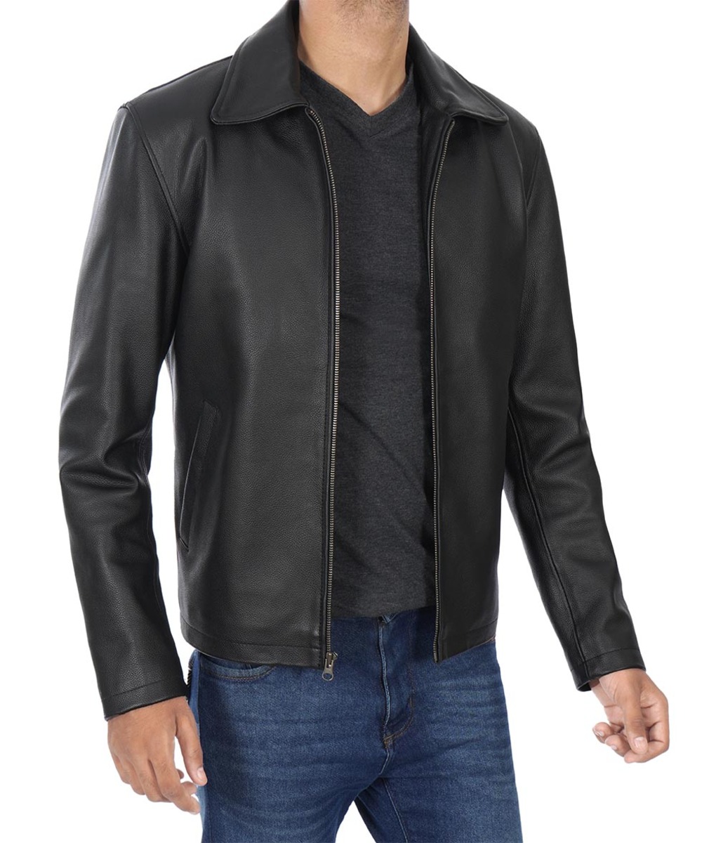 Mens Shirt Collar Black Leather Jacket