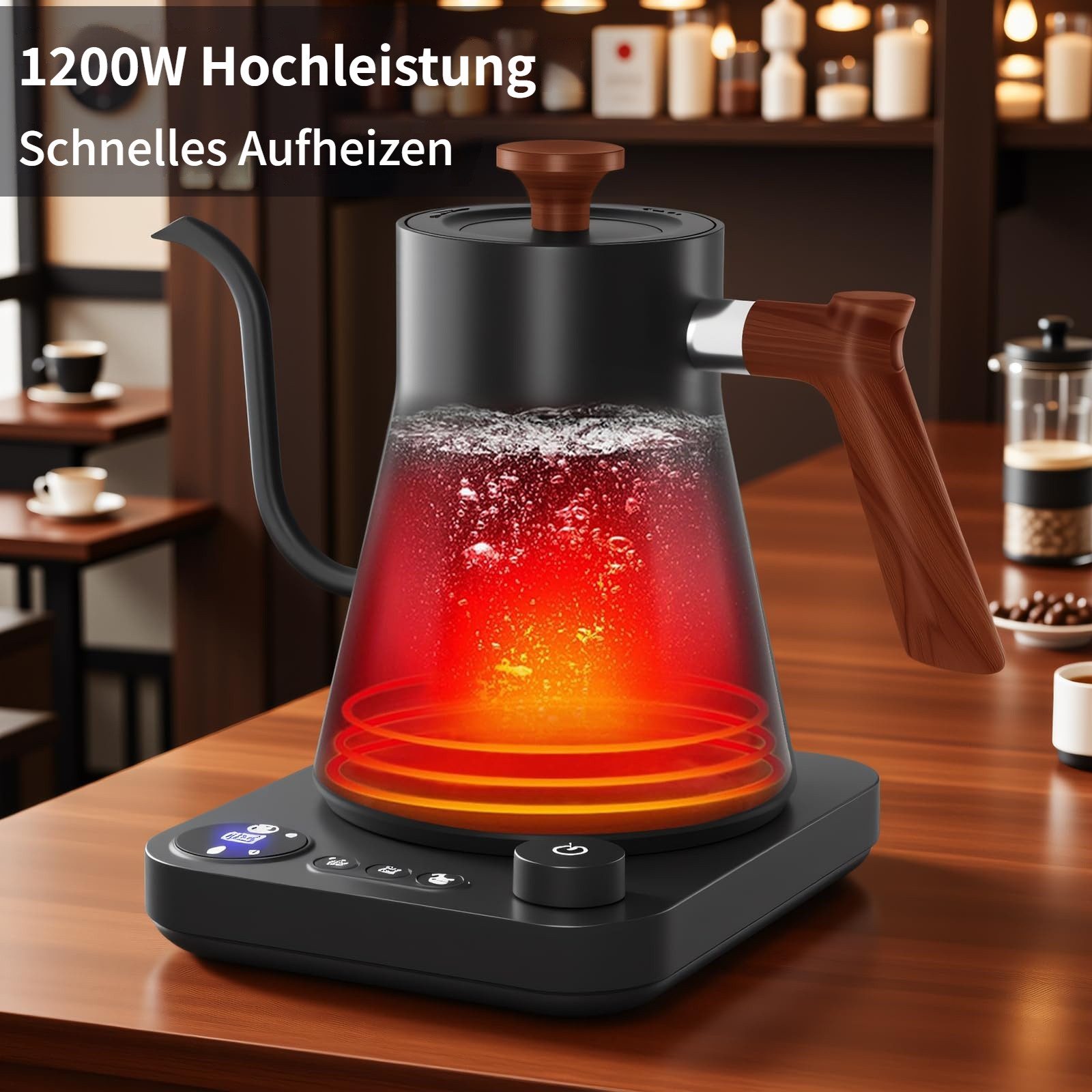 Wasserkocher Schwanenhals-Teekessel elektrisch, Edelstahl, 40-100°C, 0,9L, 1200W