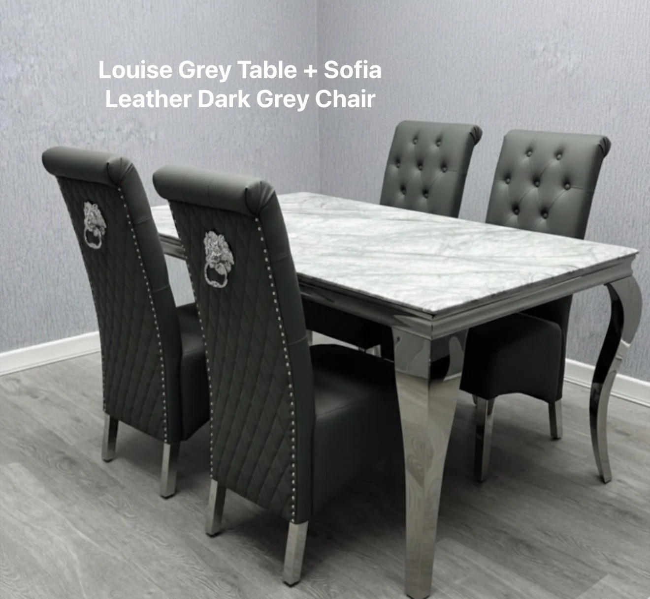 Louis Marble Dining Table + Sofia Dining Chairs Lion Knocker