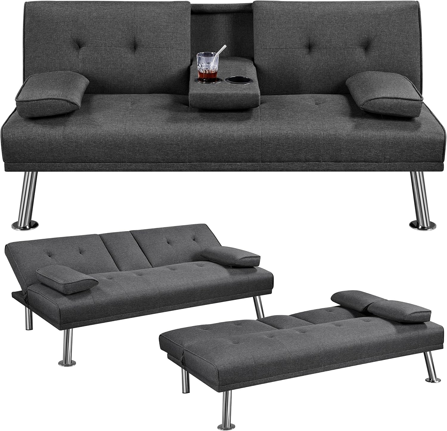 Yaheetech Divano Convertibile in Letto con 2 Cuscini Divano Letto Pieghevole 3 in 1 Mobile Arredamento con Piccolo Tavolino 167 × 81,5 × 75 cm da Soggiorno in Tessuto Grigio Scuro