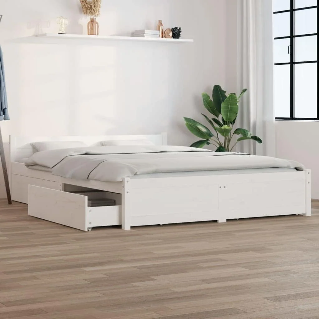 Cozynest Bettgestell Bettrahmen mit Schubladen Kopfteil Lattenrost, Holzbett Massivholzbett für Schlafzimmer Bett mit Schubladen Weiß 160x200cm