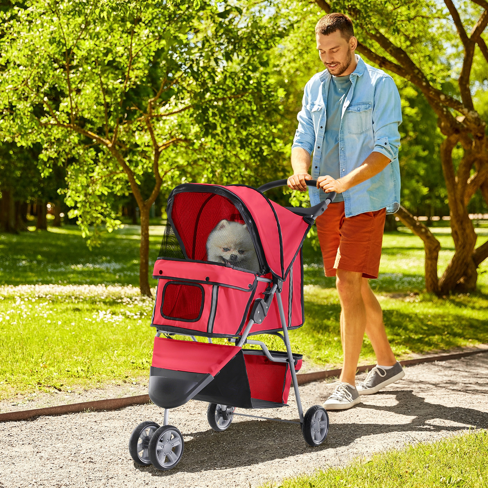 PawHut Hundewagen Hundebuggy bis 10 kg Klappbar Bodenkorb 2 Becherhalter verstellbares Vordach Rot