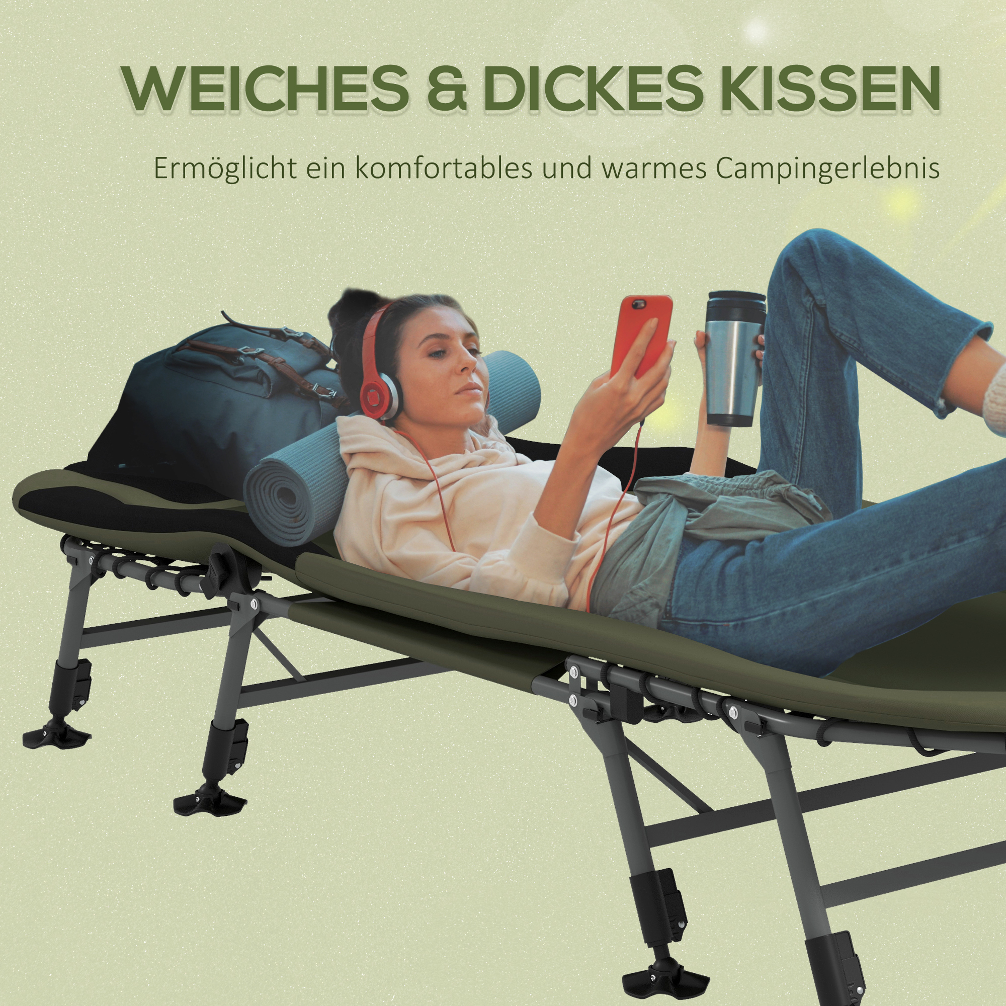 Outsunny Campingbed Ligbed Veldbed, 200 x 85 x 40-55 cm, Waterbestendig Groen