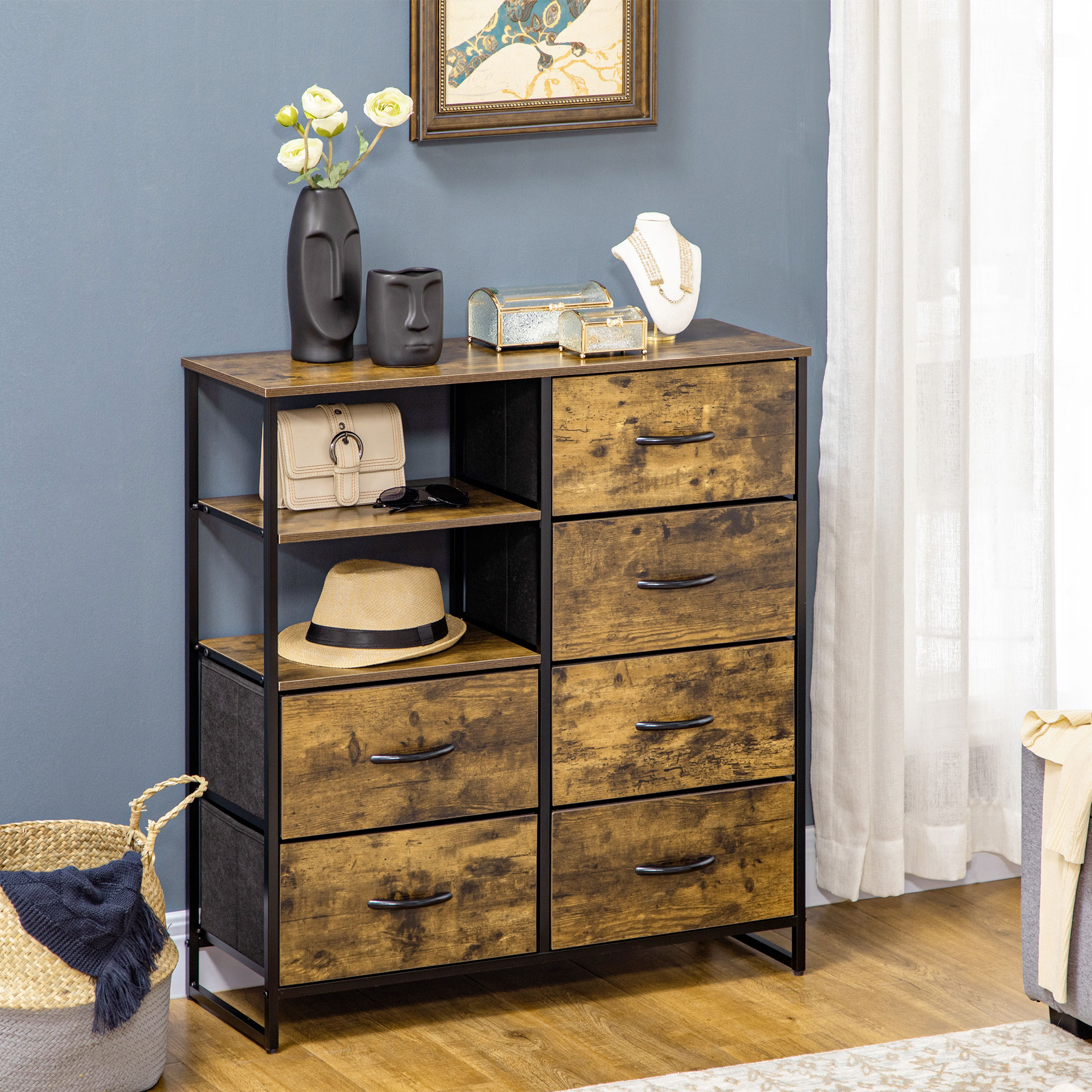 HOMCOM Kommode mit sechs Schubladen, offene Regale, MDF und Stahl, 84x30x92 cm, Braun/Schwarz, verstellbare Füße