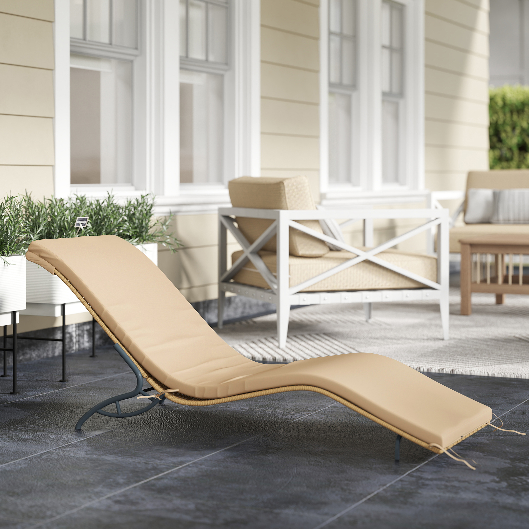 Outsunny Sonnenliege Polyrattan Gartenliege mit Kissen, wetterfest Liege 120 kg belastbar 166 x 63 x 76 cm Beige