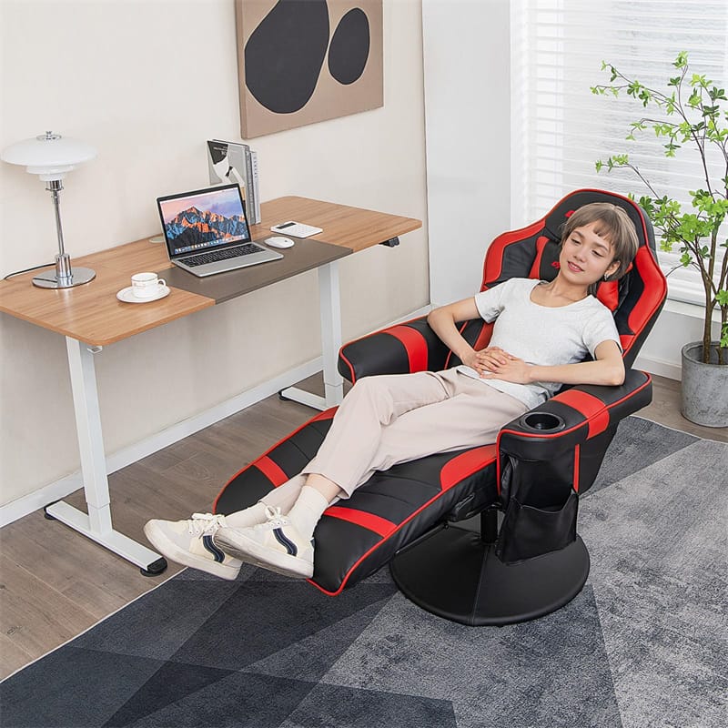 Ergonomic Gaming Recliner Chair with Massage, Retractable Footrest & Cup Holder, Height Adjustable Racing Style Swivel Video Game Chair